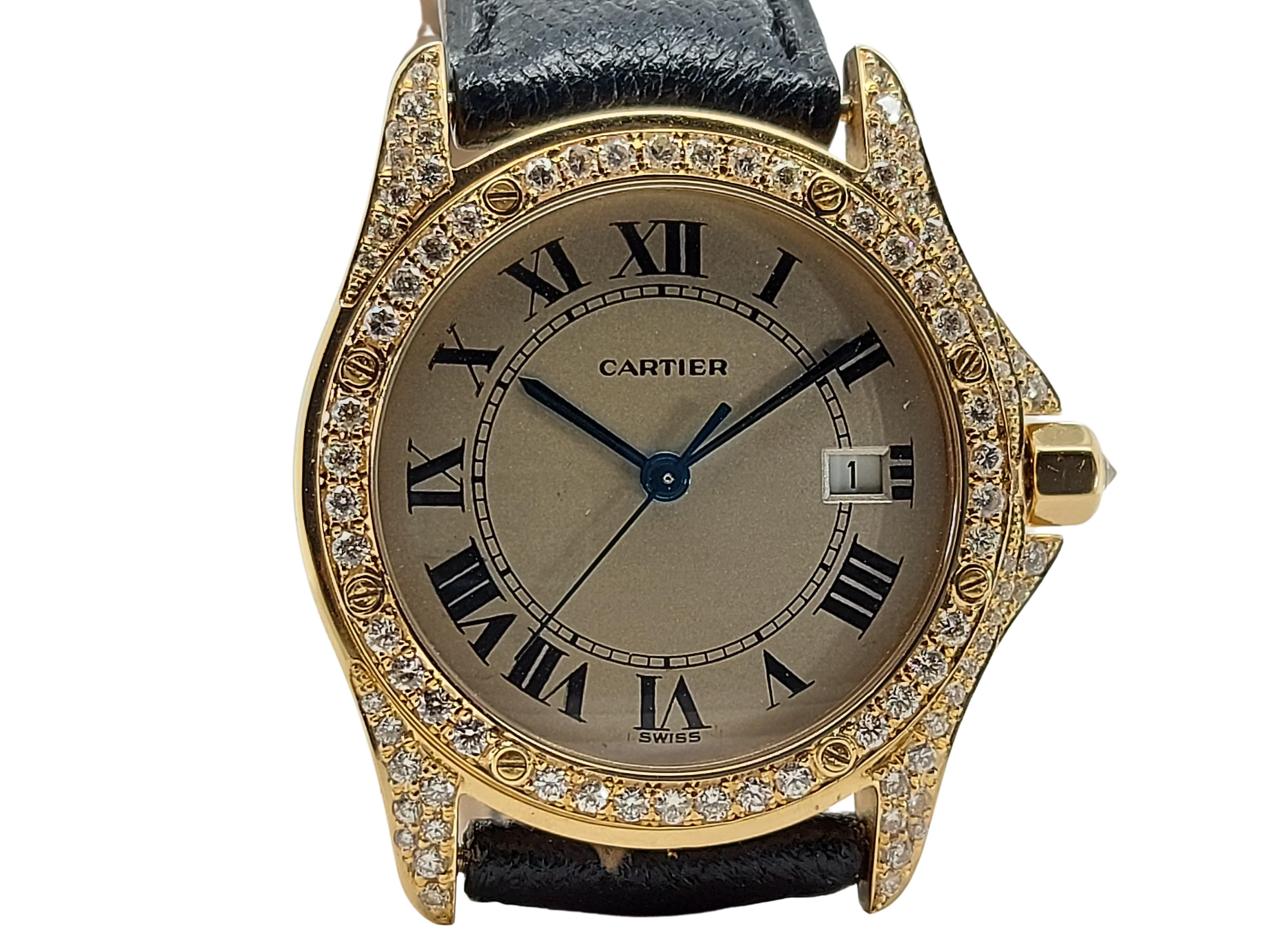 Brilliant Cut Cartier Cougar Wristwatch, 18 Karat Yellow Gold, Diamond Bezel, Quartz