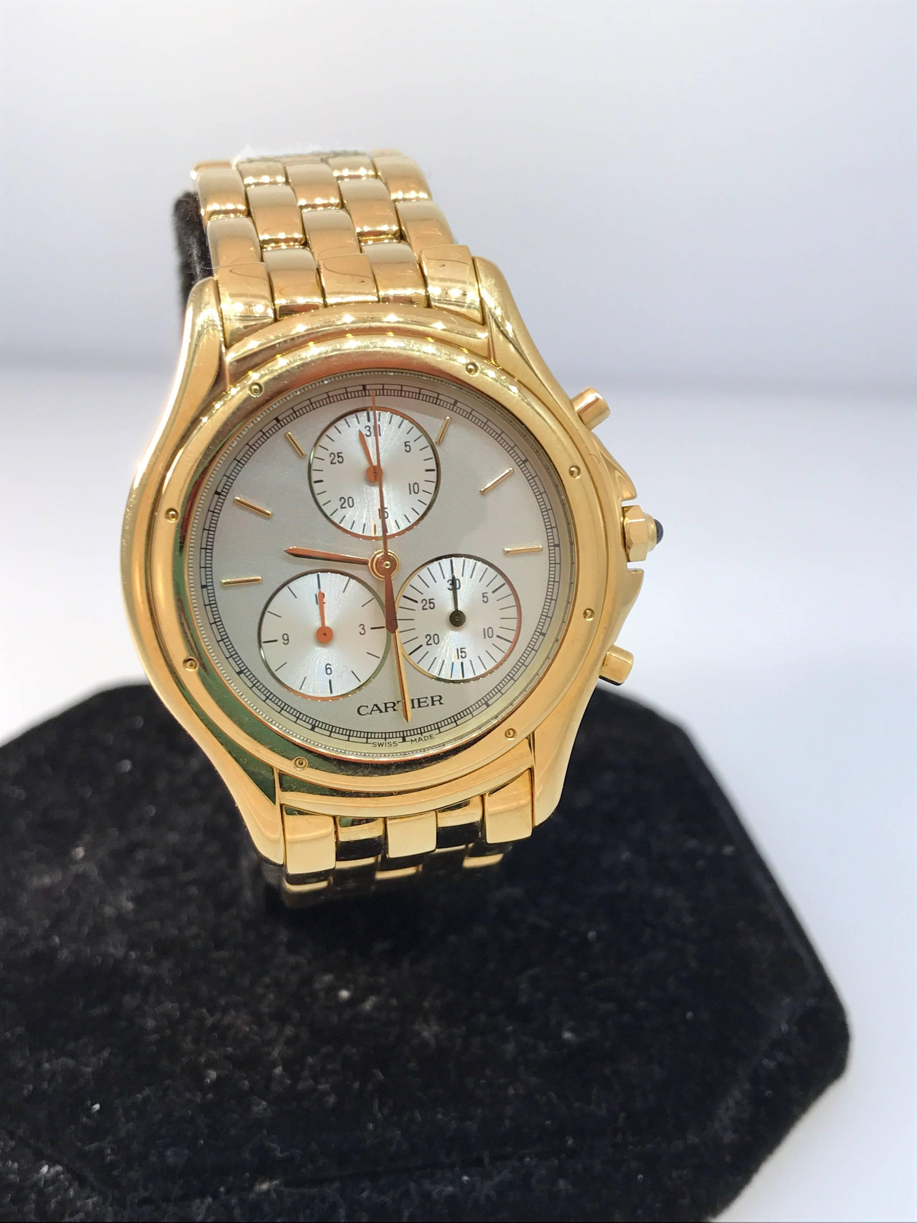 Cartier Cougar Men's Watch

Model Number: W35007B9

100% Authentic

Pre-owned (excellent condition. Light wear throughout.)

Comes with a generic watch box

18 Karat Yellow Gold Case & Bracelet

Silver Dial & Subdials

Fits up to 7.5 inch wrist