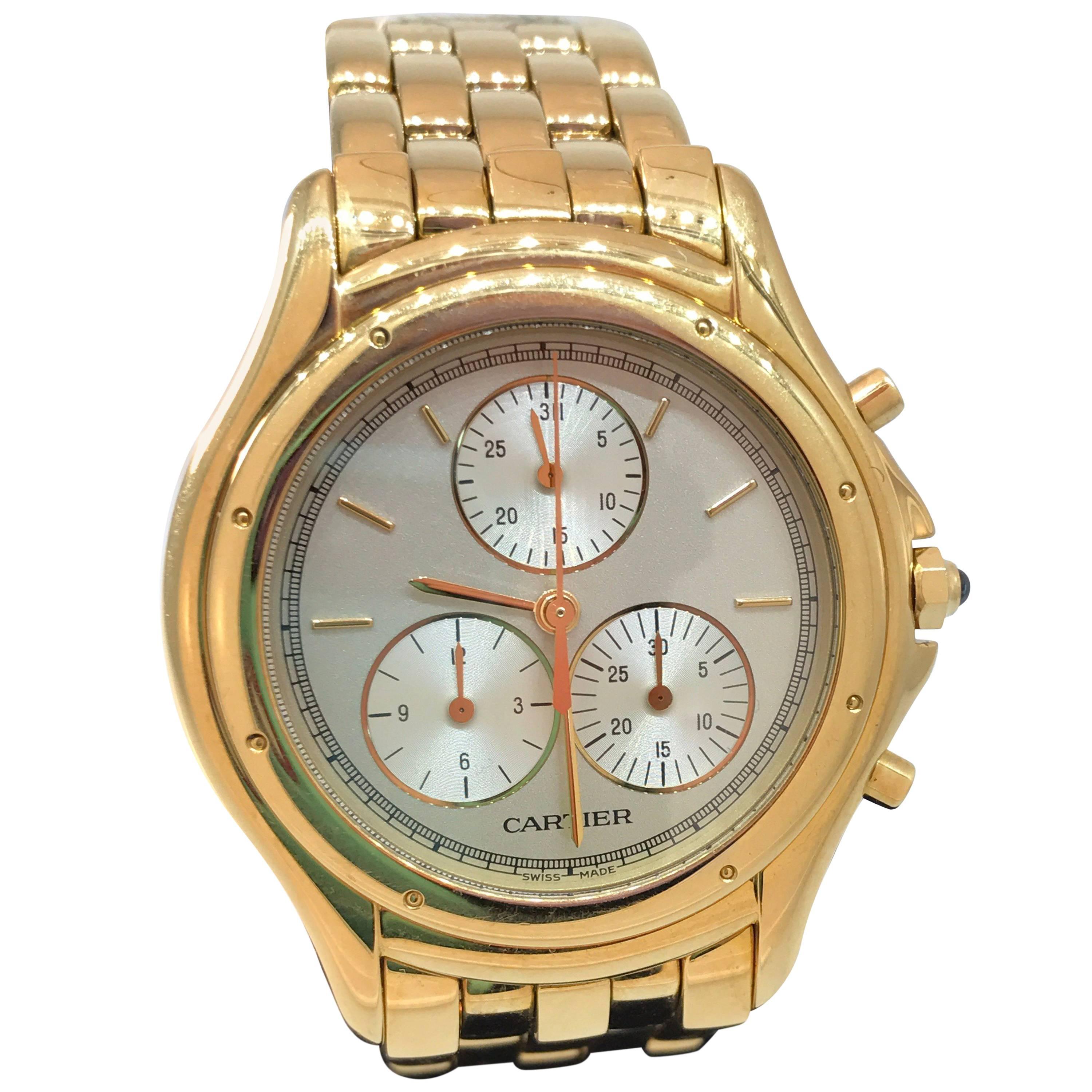 Cartier Cougar Yellow Gold Quartz Chronograph Silver Dial Bracelet Men's Watch For Sale