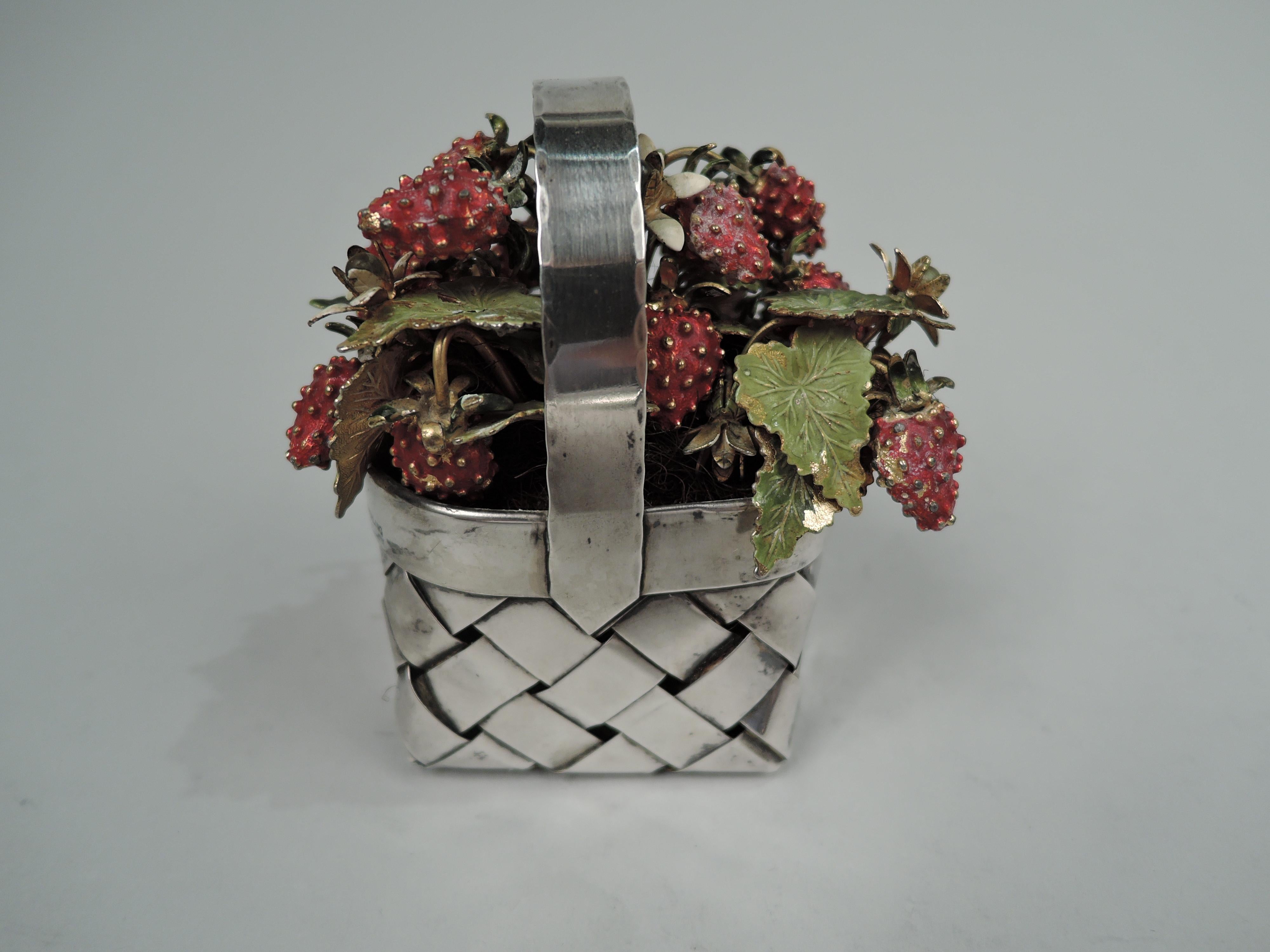 Mid-Century Modern Cartier Country Chic Sterling Silver Basket with Enameled Strawberries For Sale