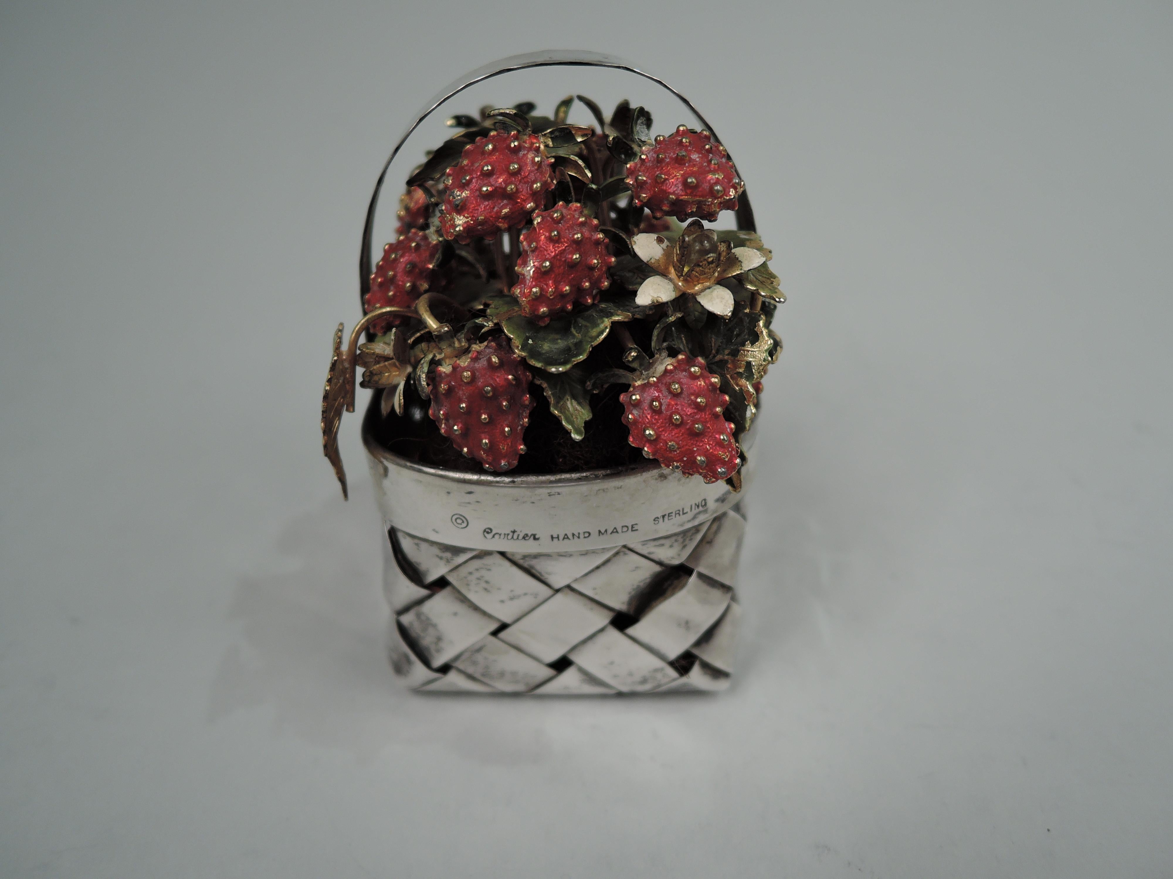 American Cartier Country Chic Sterling Silver Basket with Enameled Strawberries For Sale