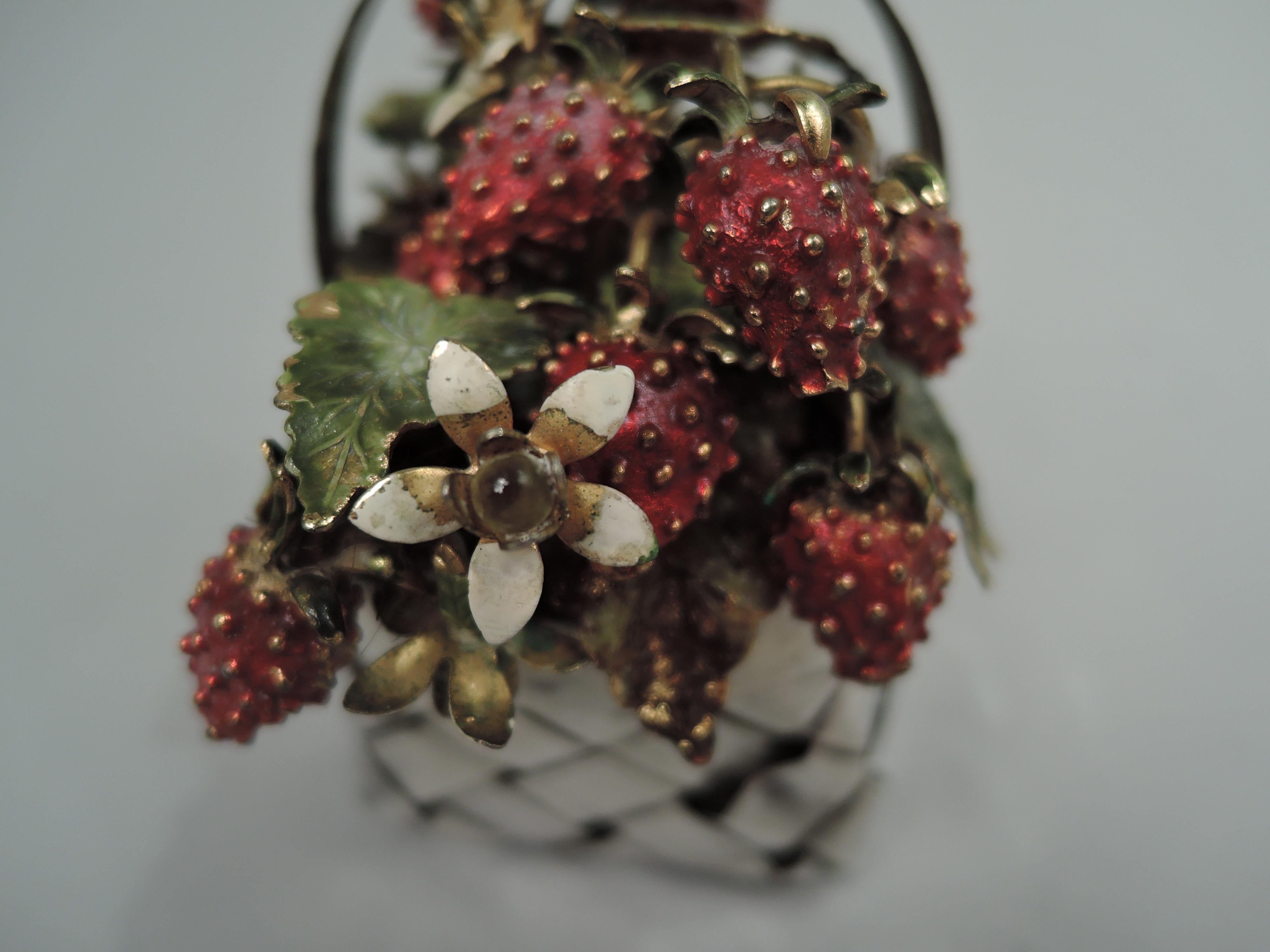 Gilt Cartier Country Chic Sterling Silver Basket with Enameled Strawberries For Sale