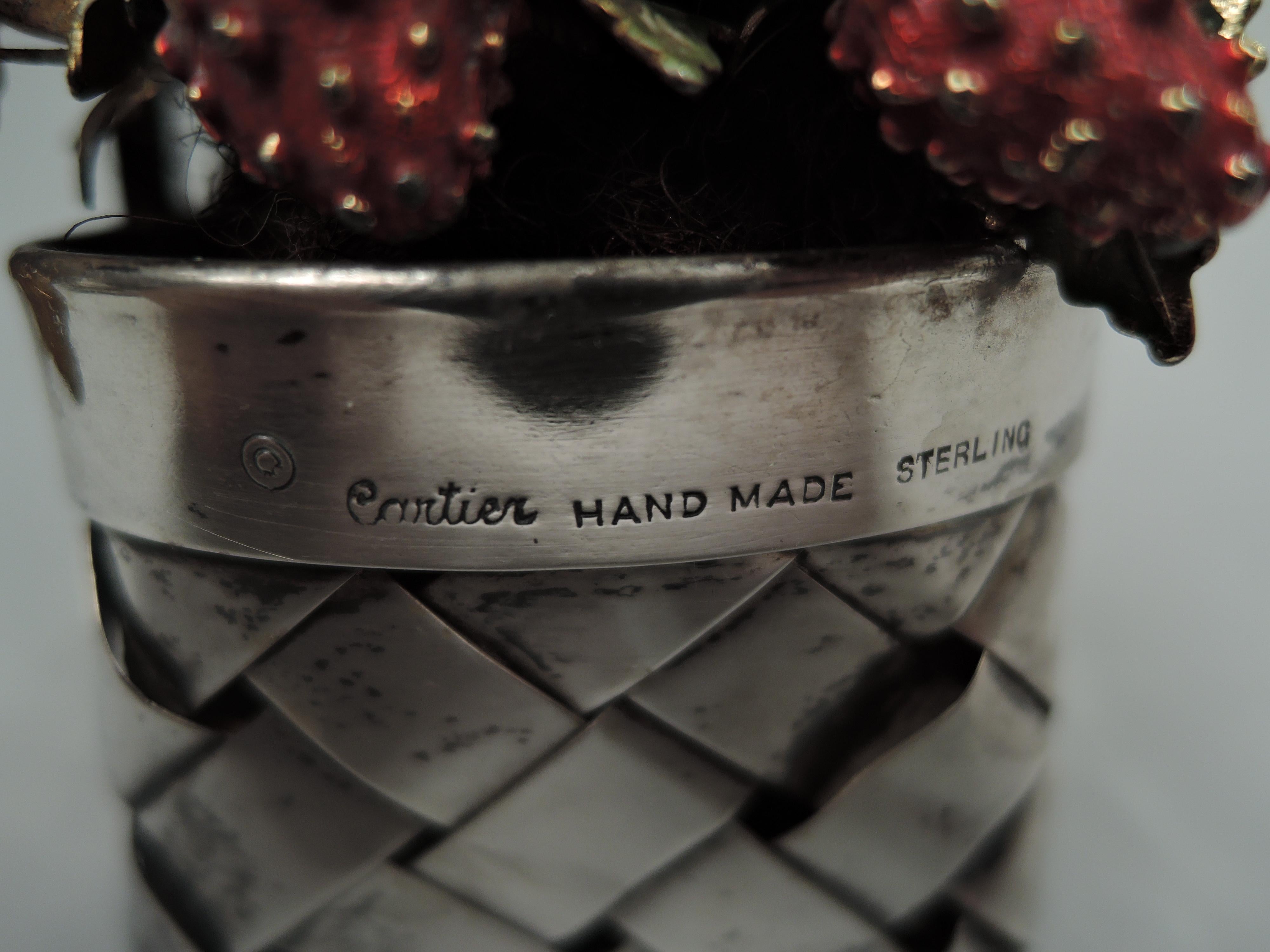 20th Century Cartier Country Chic Sterling Silver Basket with Enameled Strawberries For Sale