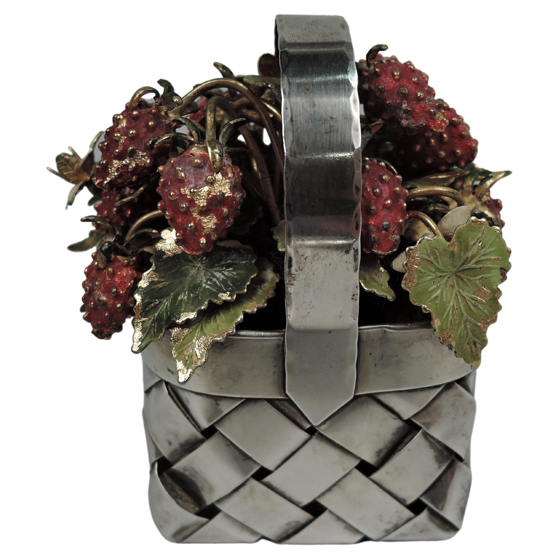 Cartier Country Chic Sterling Silver Basket with Enameled Strawberries For Sale