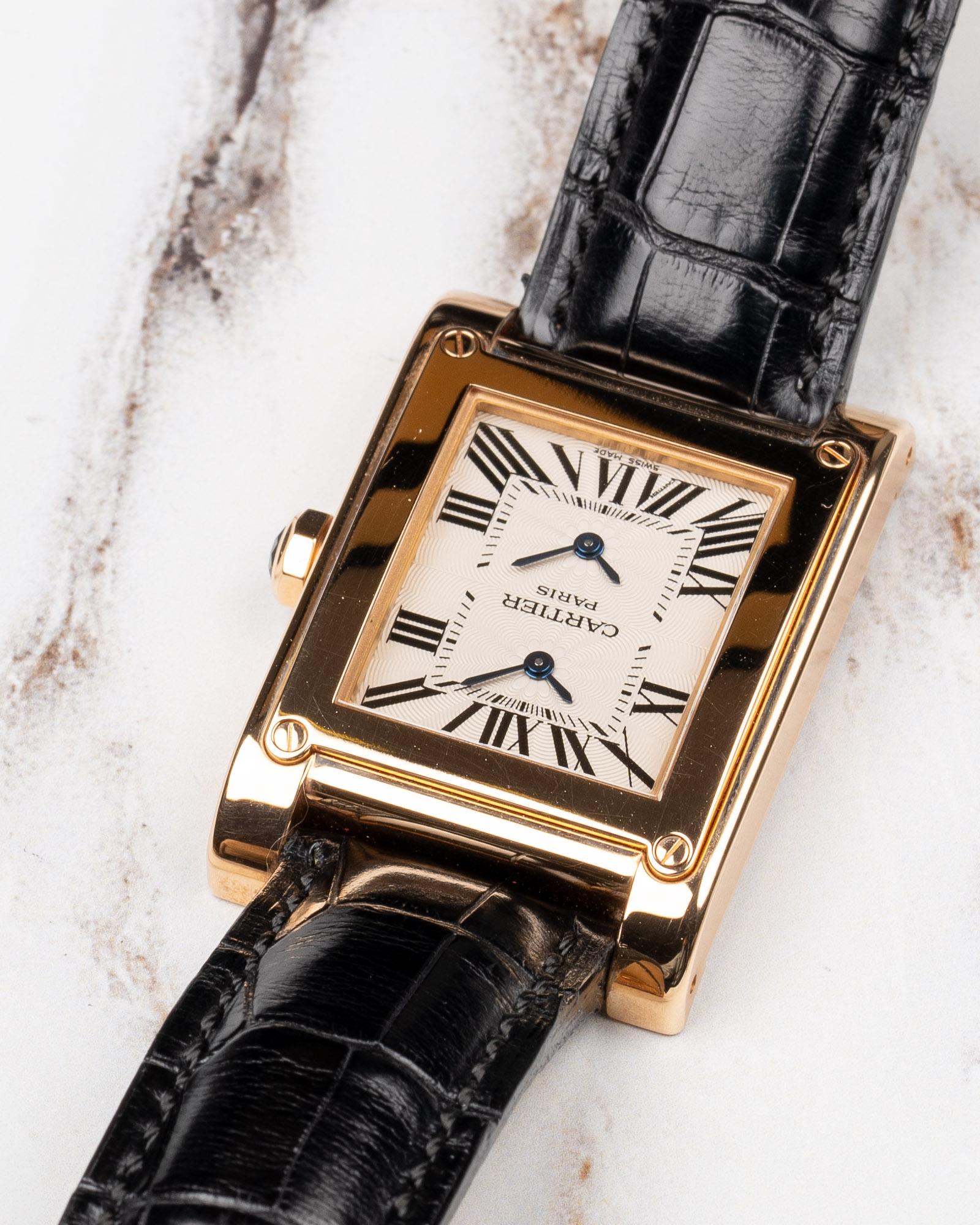 Cartier CPCP Tank à Vis 2594 Dual Time 18K RG 2000s im Angebot 7