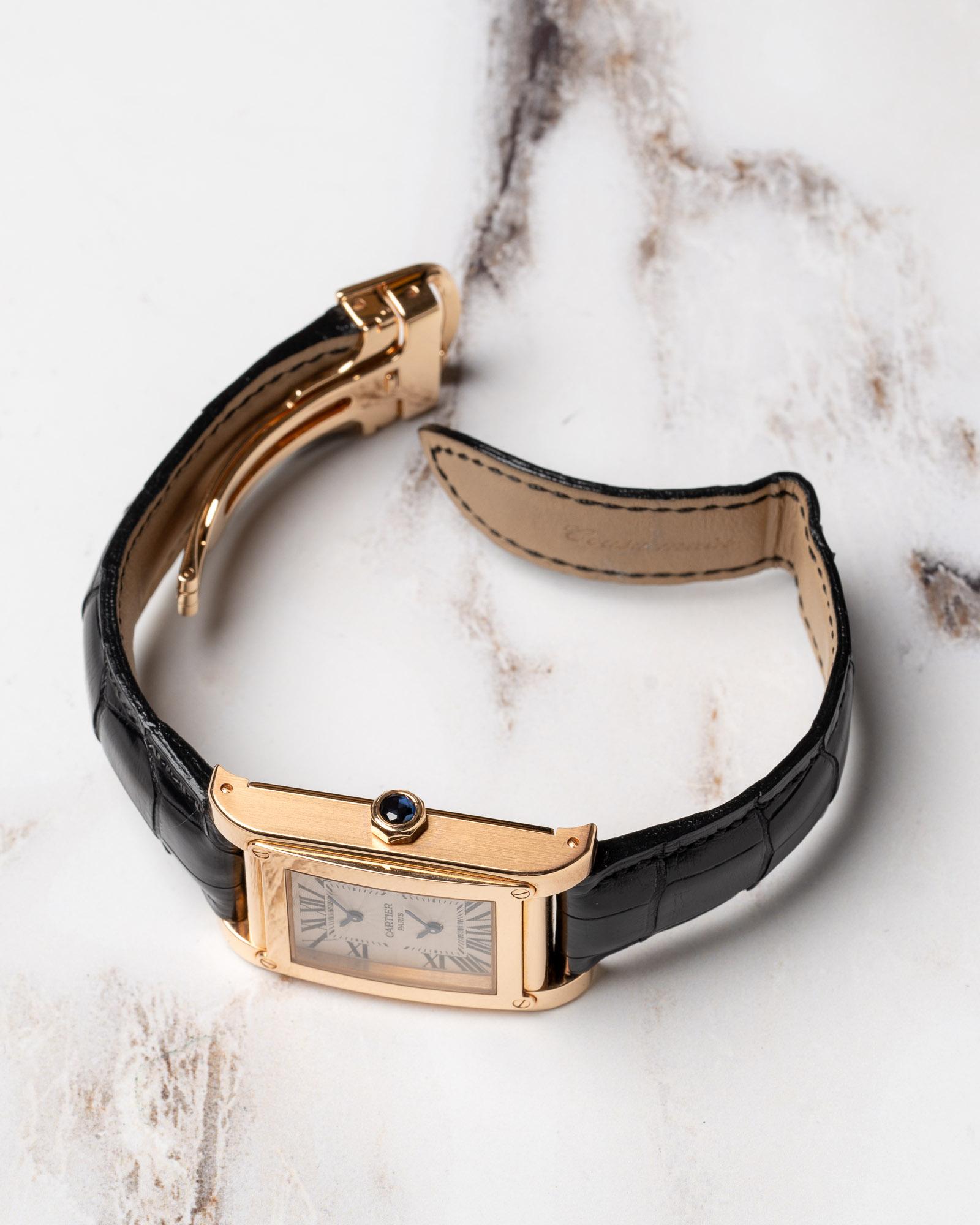 Cartier CPCP Tank à Vis 2594 Dual Time 18K RG 2000s im Angebot 4