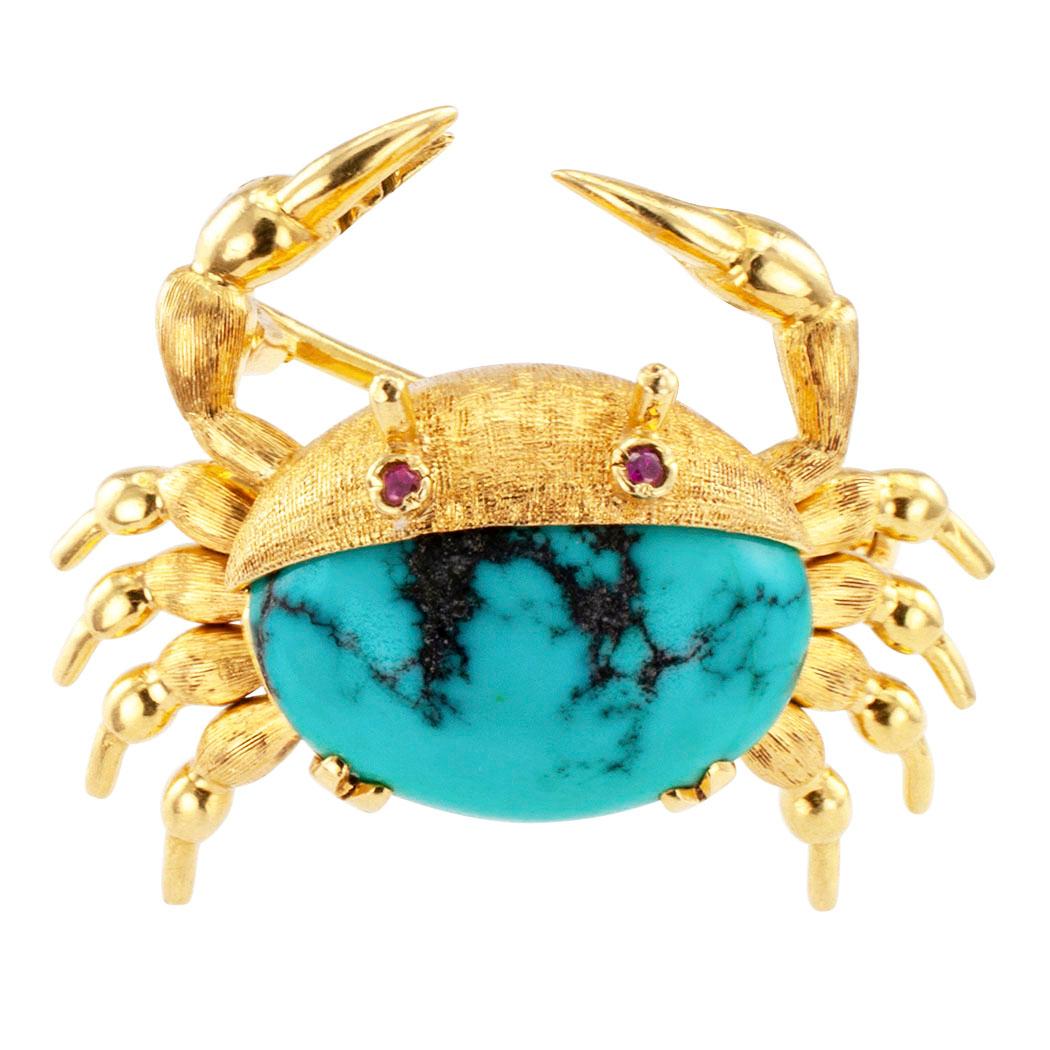 Cartier Crab Turquoise Ruby Gold Brooch In Excellent Condition In Los Angeles, CA