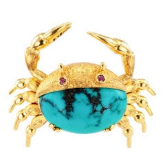 Vintage Cartier Crab Turquoise Ruby Gold Brooch