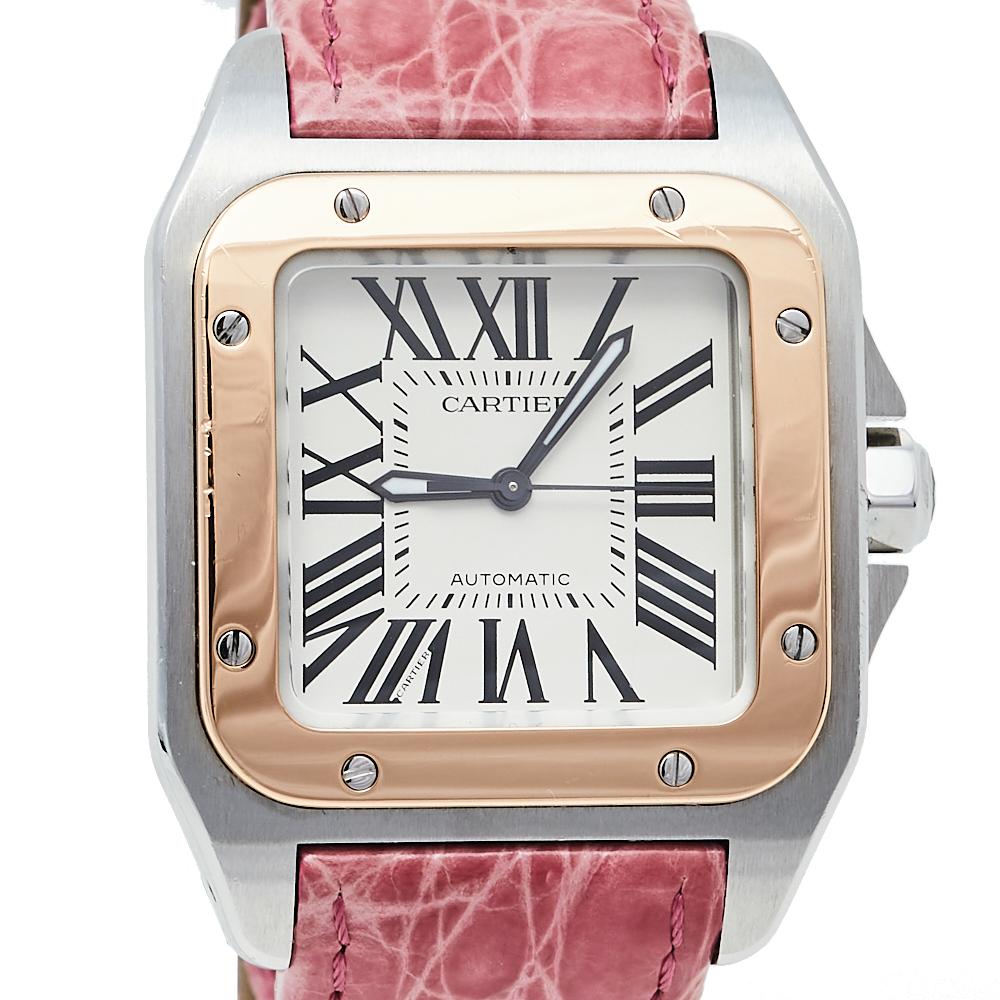 Cartier Cream 18K Rose Gold & Stainless Steel Leather Santos  In Good Condition In Dubai, Al Qouz 2