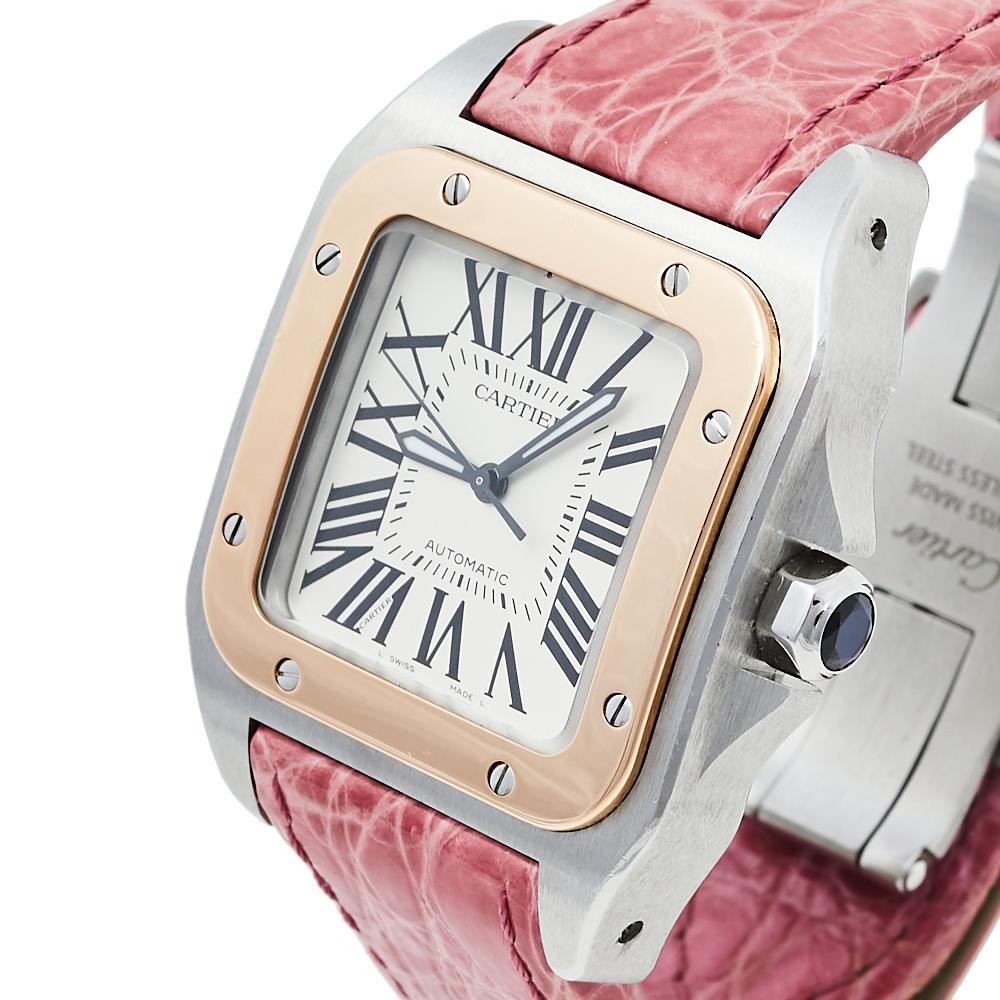 Cartier Cream 18K Rose Gold & Stainless Steel Leather Santos  3