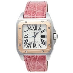 Cartier Cream 18K Rose Gold & Stainless Steel Leather Santos 