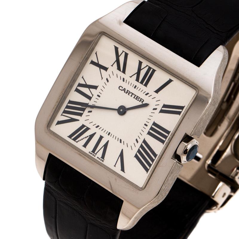 We have our eyes on this Cartier wristwatch for all the right reasons. This watch is from the Santos collection that dates back to 1904, gaining recognition for being the first pilot’s watch from the brand. The timepiece has a square 18K white gold