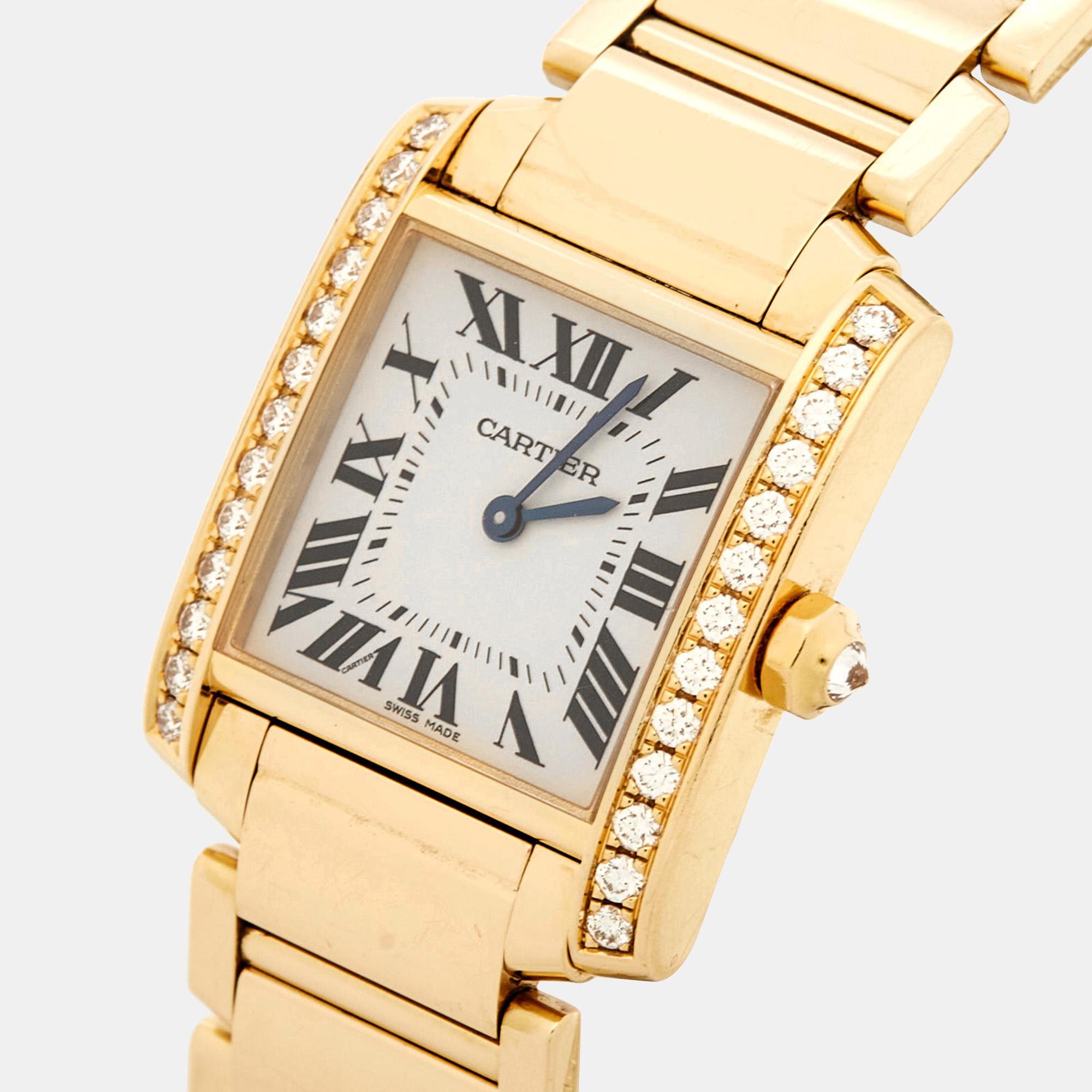 Aesthetic Movement Cartier Cream 18K Yellow Gold Diamond Tank WJTA0025 Women's Wristwatch 25 mm For Sale