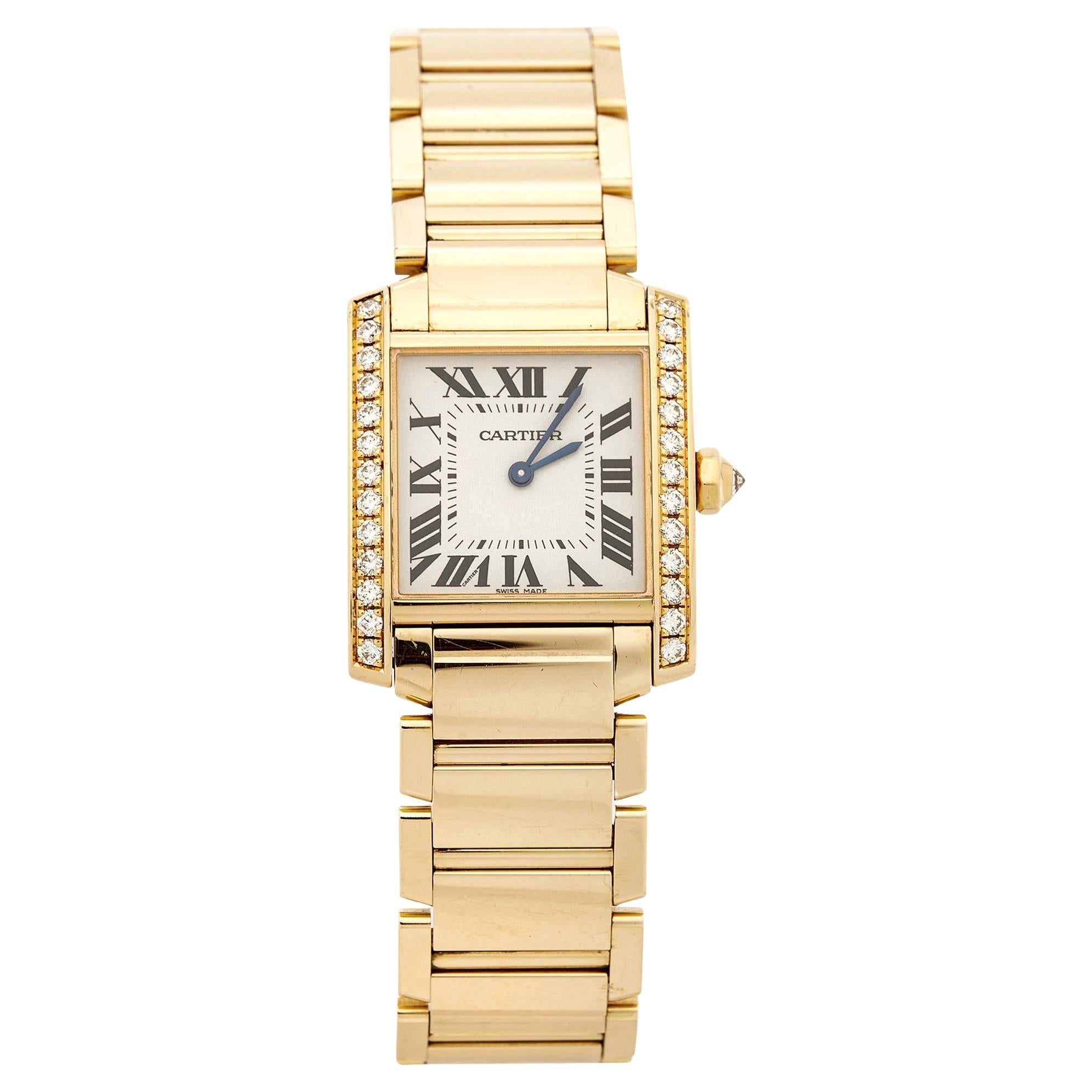 Cartier Cream 18K Yellow Gold Diamond Tank WJTA0025 Women's Wristwatch 25 mm For Sale