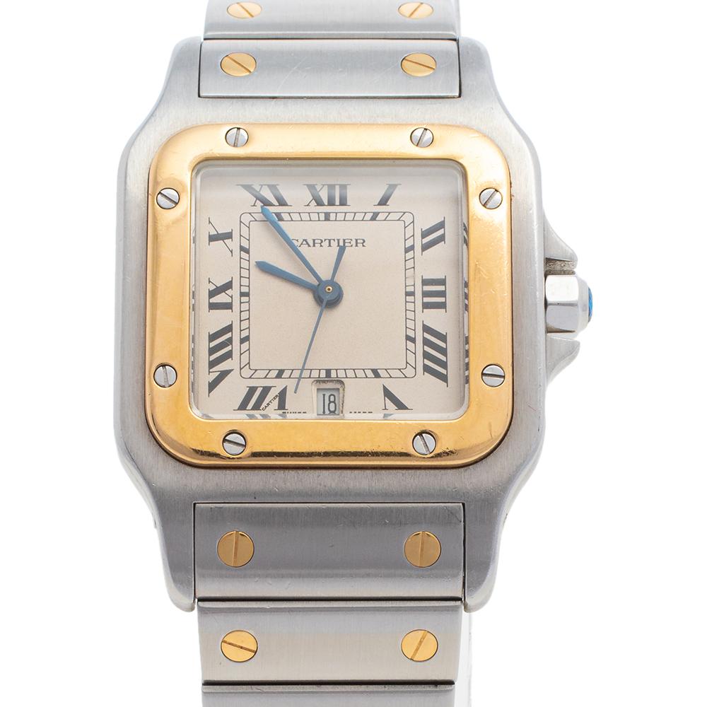 Cartier Cream 18K Yellow Gold Santos De Cartier Women Wristwatch 29 mm In Fair Condition In Dubai, Al Qouz 2