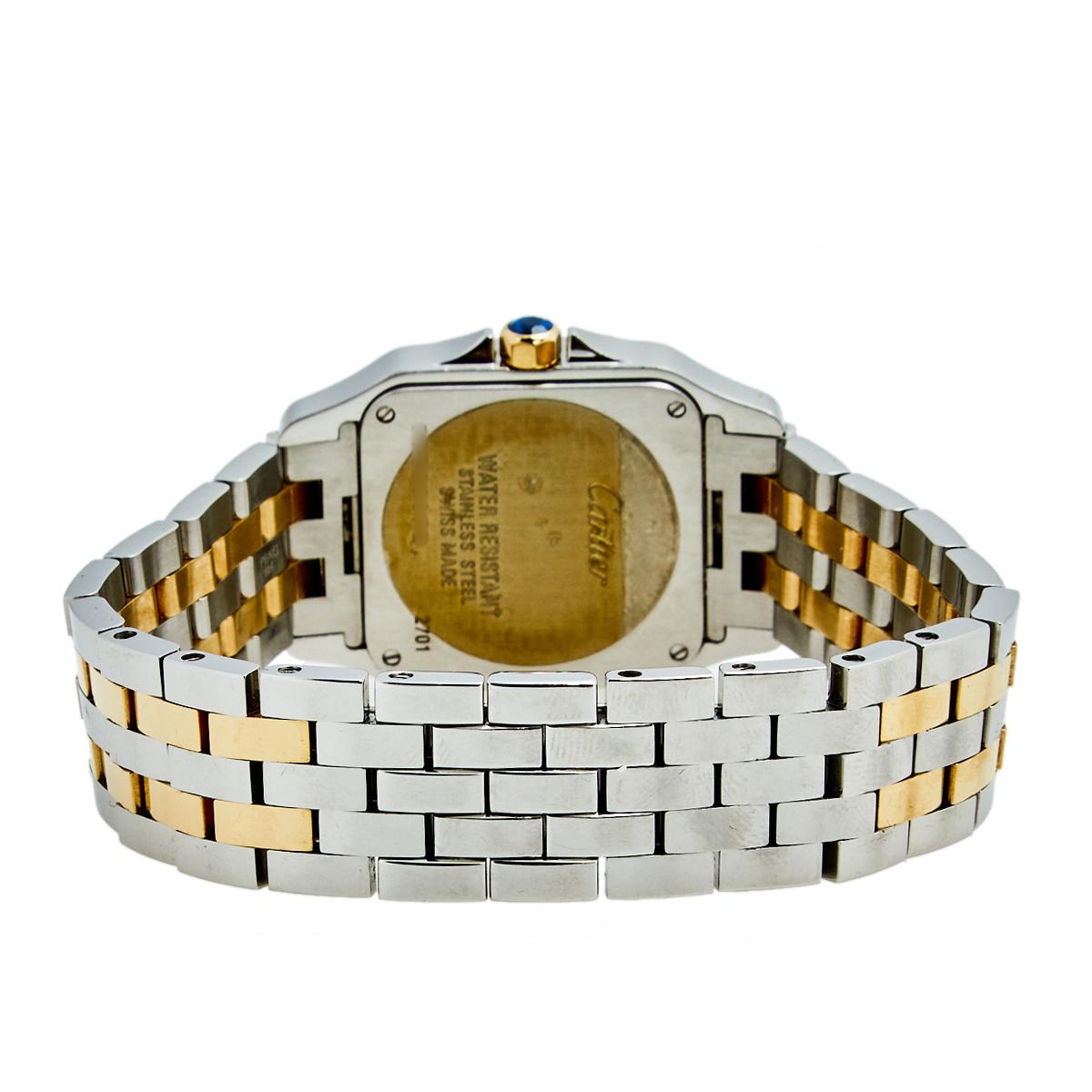 We have our eyes on this Cartier wristwatch for all the right reasons. The Santos Demoiselle timepiece is made of 18k yellow gold and stainless steel. It has a square case and a cream dial detailed with Roman numeral hour markers, blue hands, and a