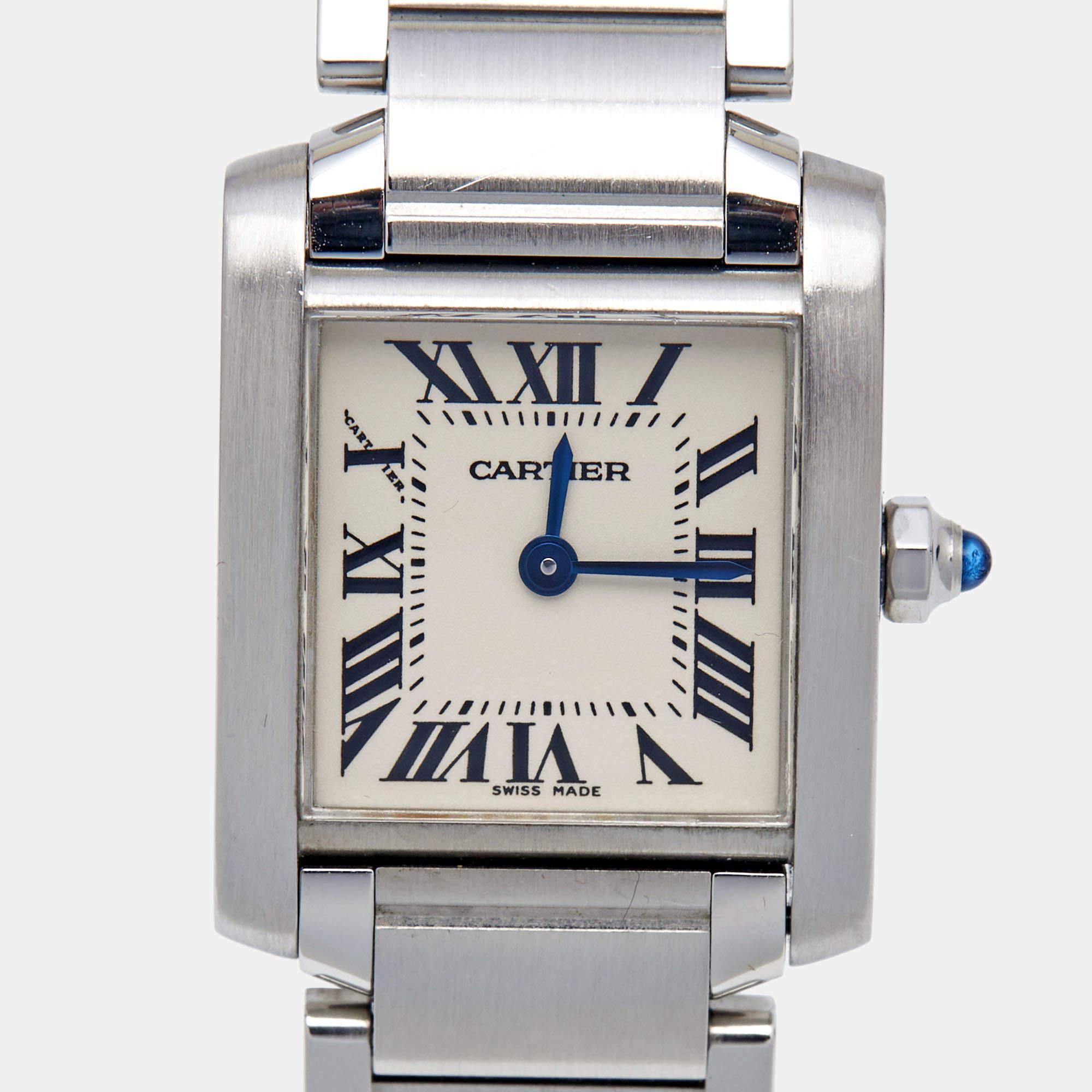 Cartier Cream Stainless Steel Tank Française 2384 Women's Wristwatch 20 mm In Good Condition In Dubai, Al Qouz 2