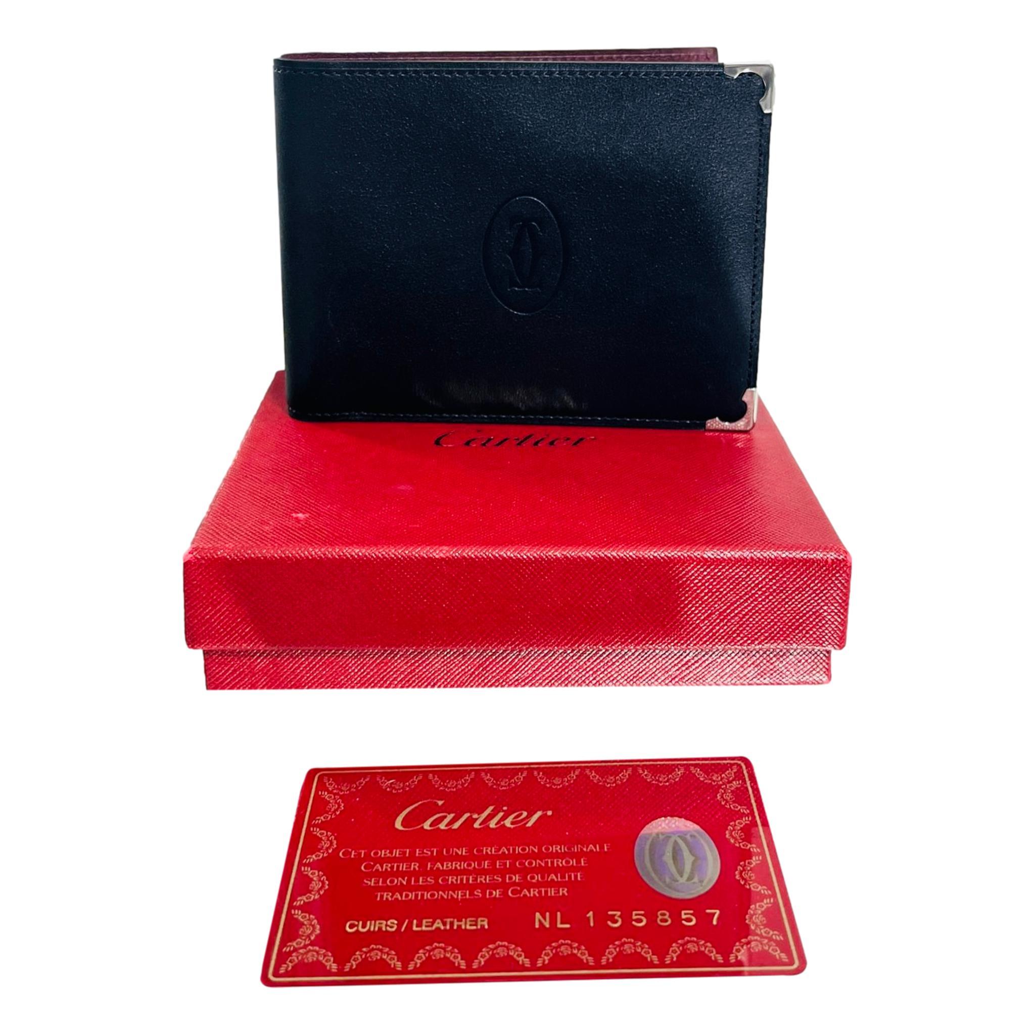 Cartier Credit Card Leather Wallet

Cartier Logo Embossed Leather Wallet 

Black wallet designed with iconic 'Double C' logo embossed to the centre.

Detailed with stainless-steel metallic finished corners.

Featuring burgundy leather interior with
