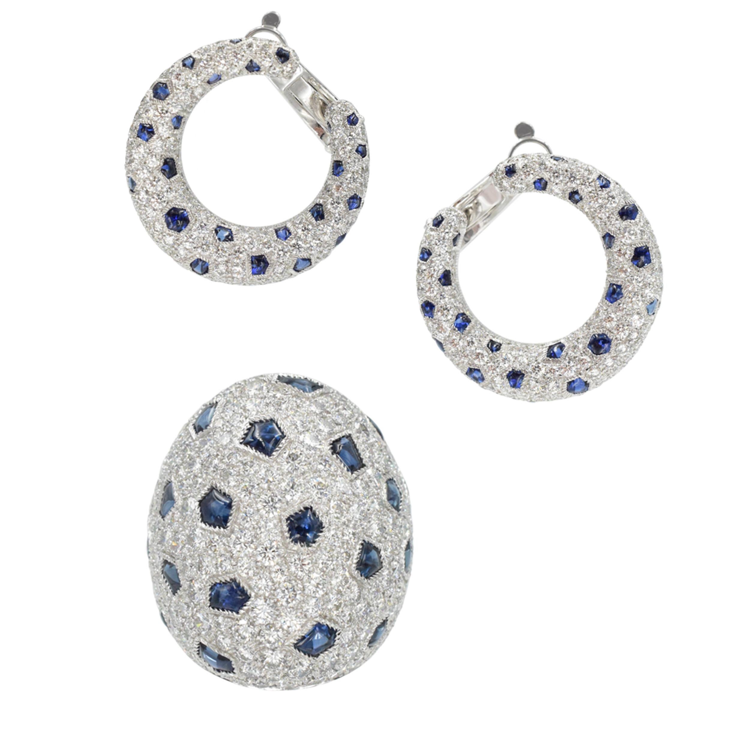 Cartier Creole diamond and sapphire  earrings in
platinum and matching 18k white gold ring. 
Circa 2000's. Cartier Creole diamond and sapphire hoop earrings in platinum. These earrings are set with total of approximately 5.0ct, . Accented with 46