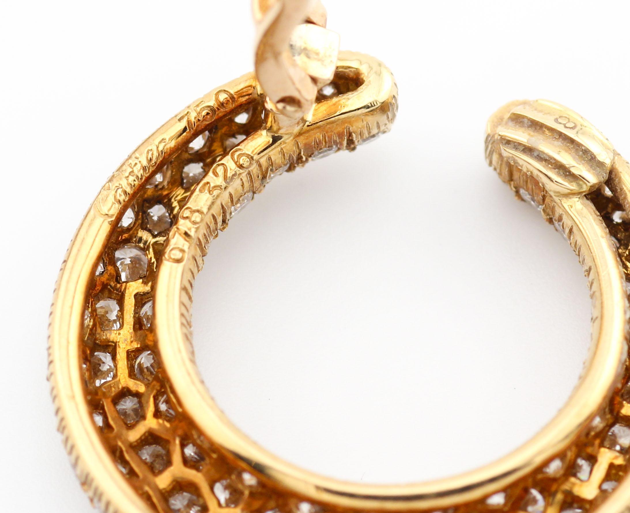 Brilliant Cut Cartier Creole Pave Diamond 18K Yellow Gold Hoop Earrings w/ Box and Certificate