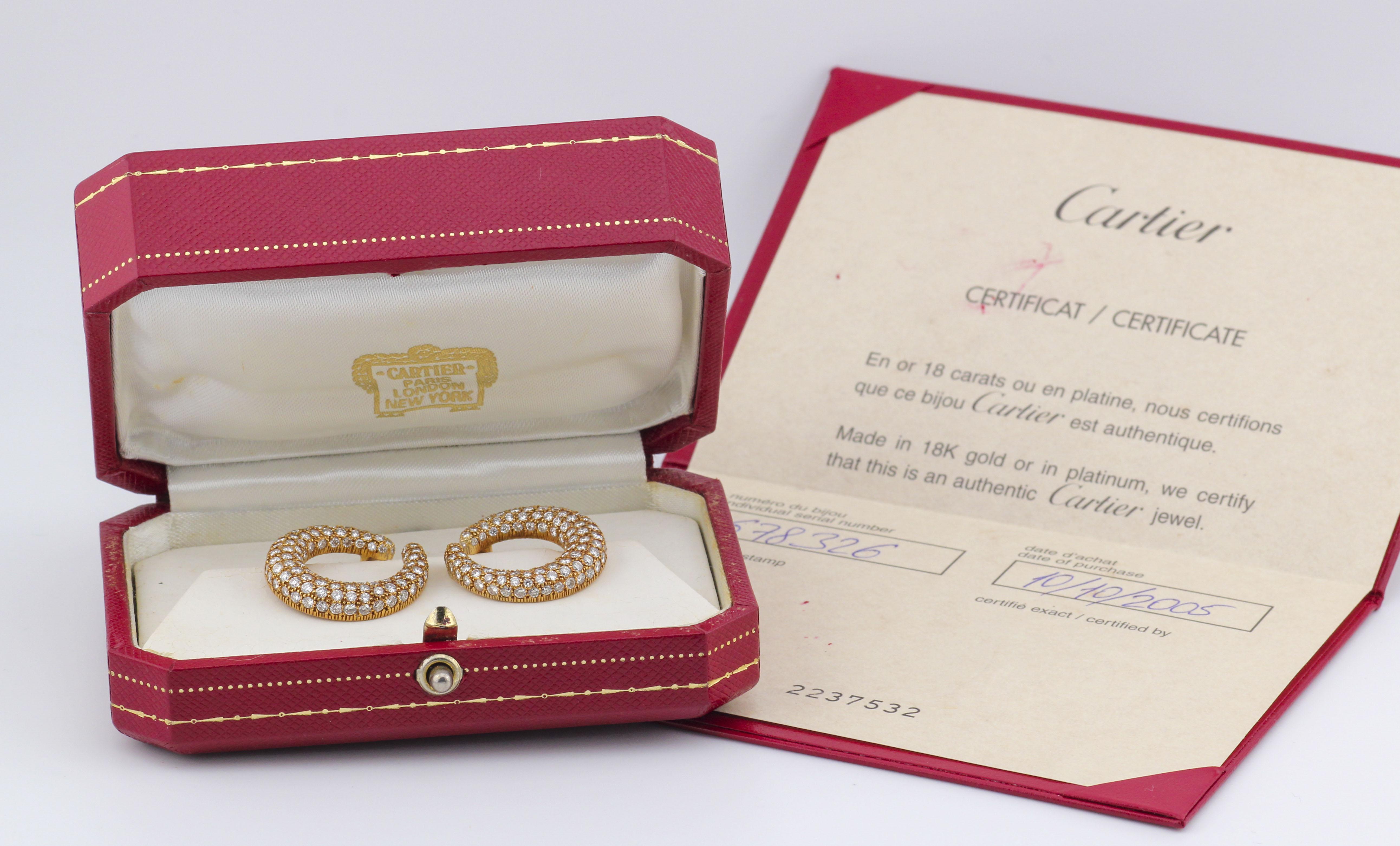 Women's Cartier Creole Pave Diamond 18K Yellow Gold Hoop Earrings w/ Box and Certificate