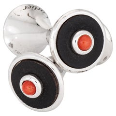Cartier Cufflinks Coral Onyx Sterling Silver Estate Fine Men's Jewelry France
