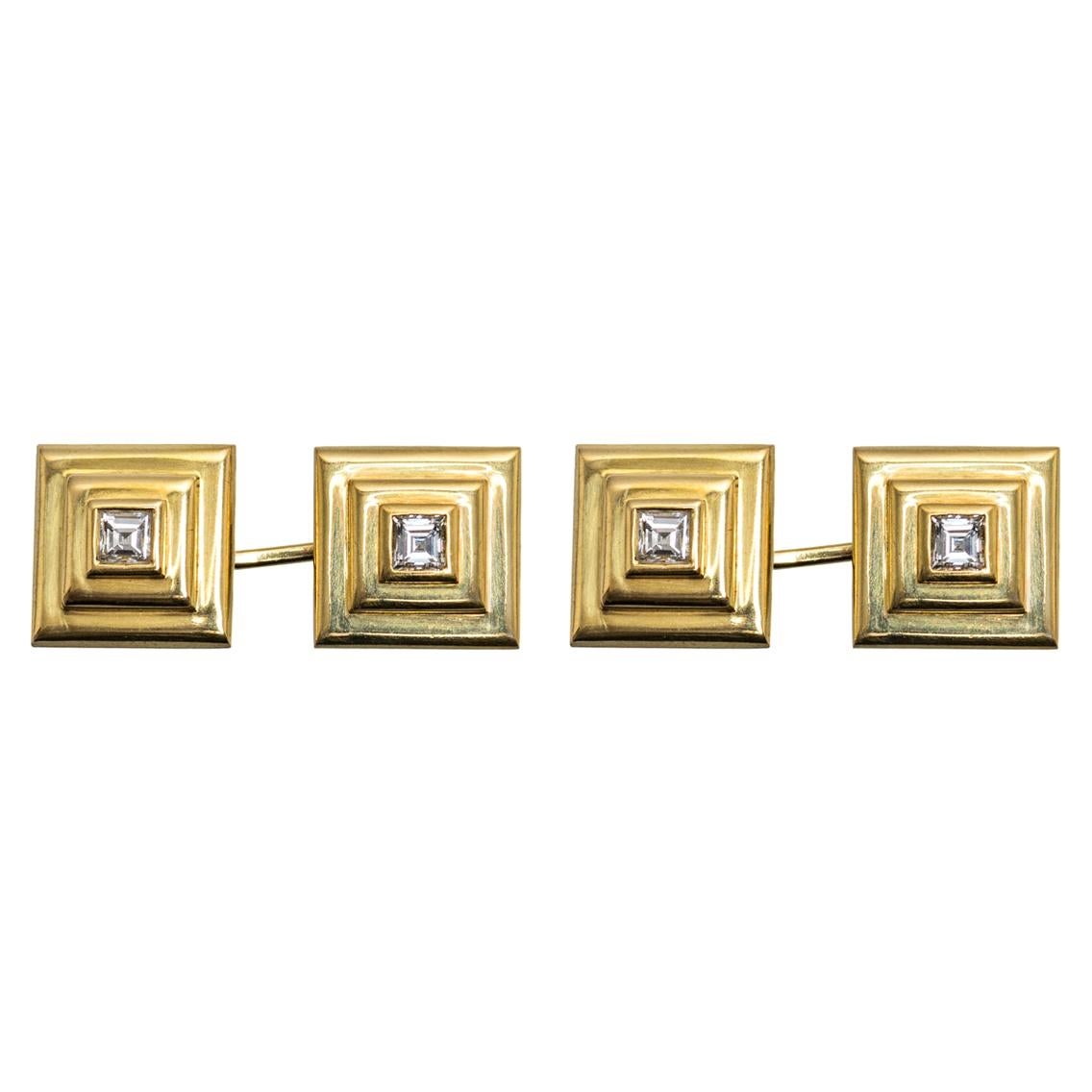 Cartier Cufflinks Stepped Design in 18 Karat Gold and Diamond, French circa 1960