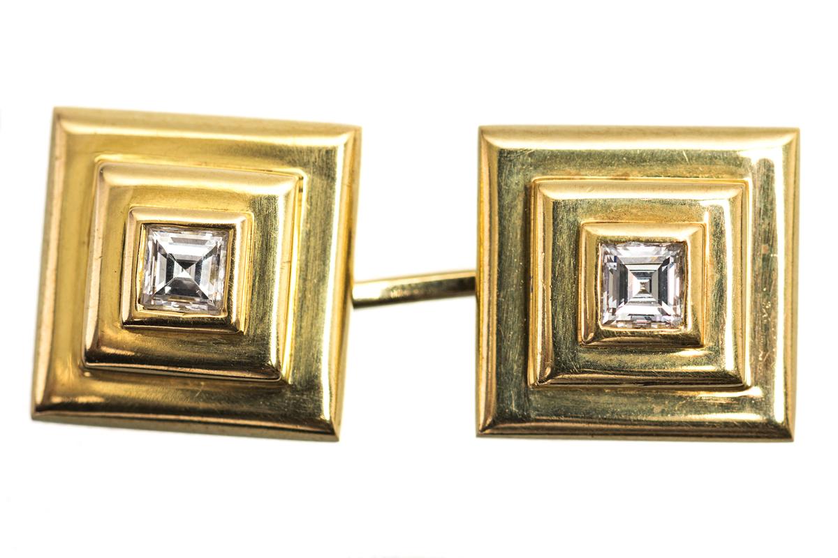 Art Deco Cartier Cufflinks Stepped Design in 18 Karat Gold and Diamond, French circa 1960