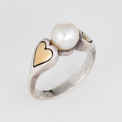 Cartier Cultured Pearl Ring Hearts 18 Karat Gold Sterling Silver 5.25 Estate