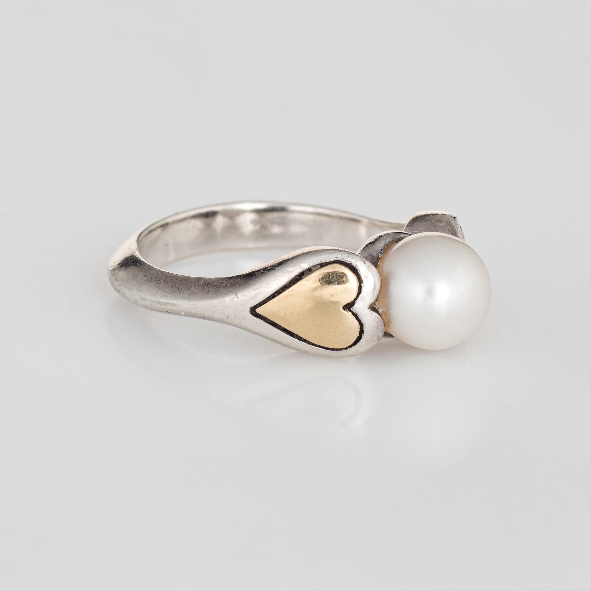 Modern Cartier Cultured Pearl Ring Hearts 18 Karat Gold Sterling Silver 5.25 Estate