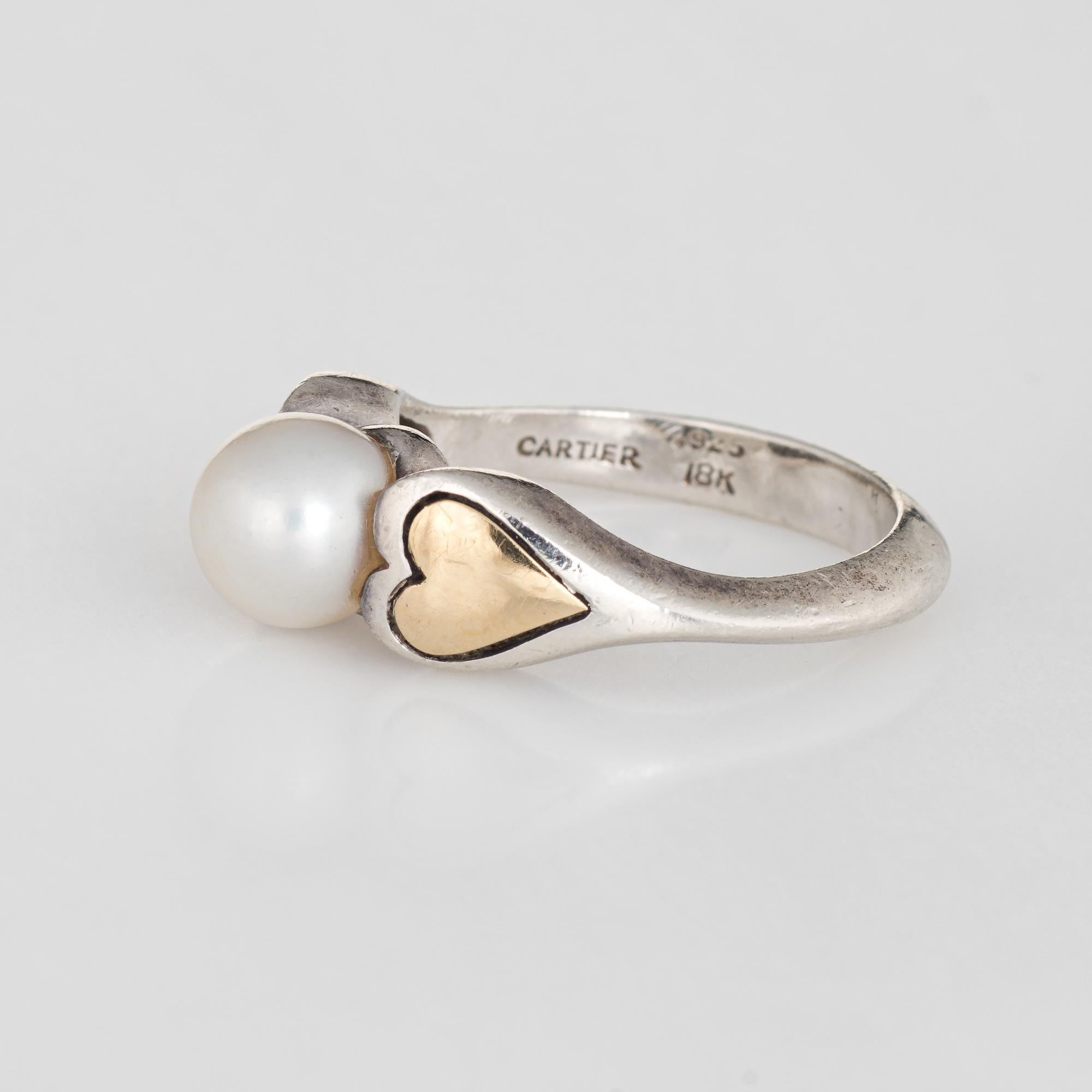 Round Cut Cartier Cultured Pearl Ring Hearts 18 Karat Gold Sterling Silver 5.25 Estate