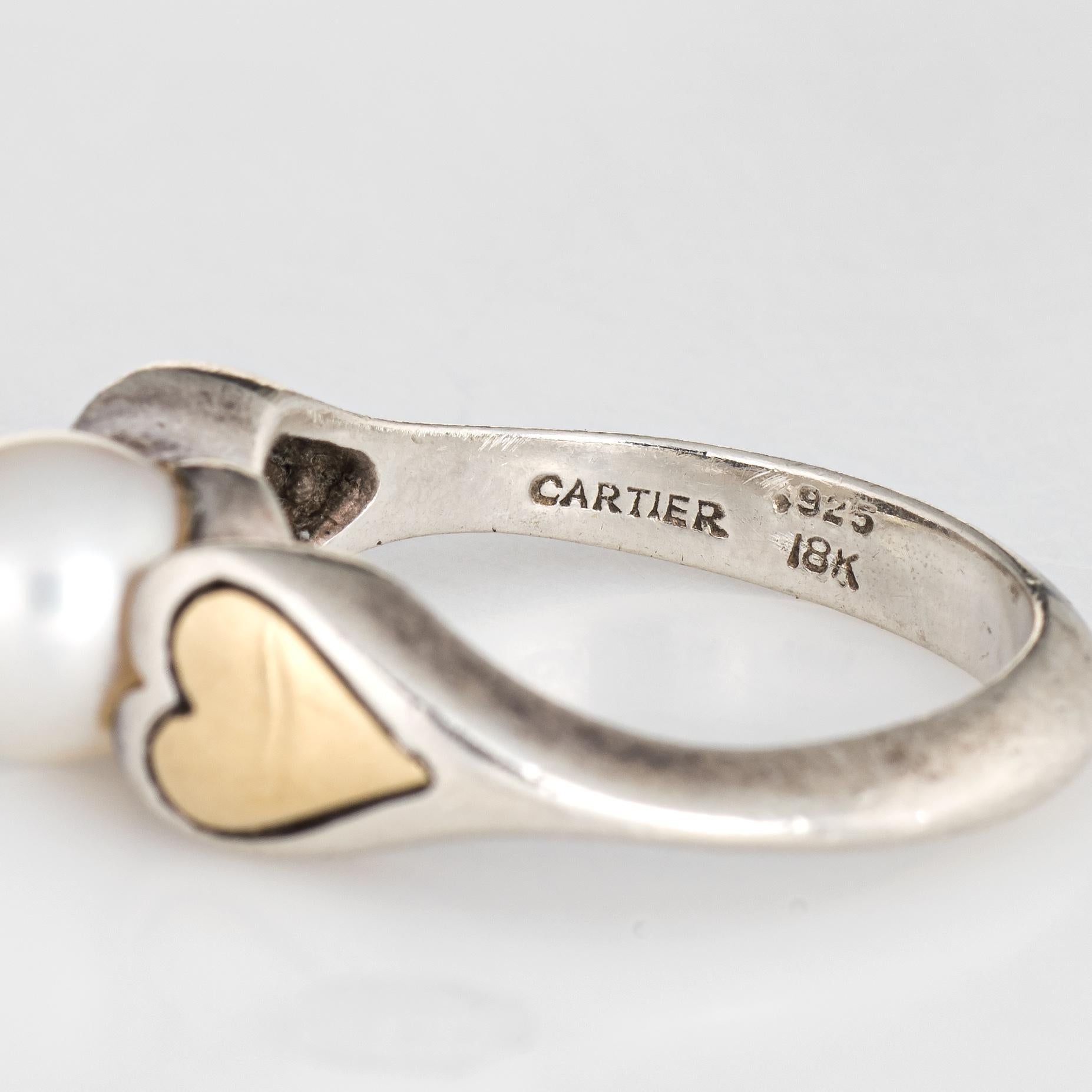 Cartier Cultured Pearl Ring Hearts 18 Karat Gold Sterling Silver 5.25 Estate In Good Condition In Torrance, CA