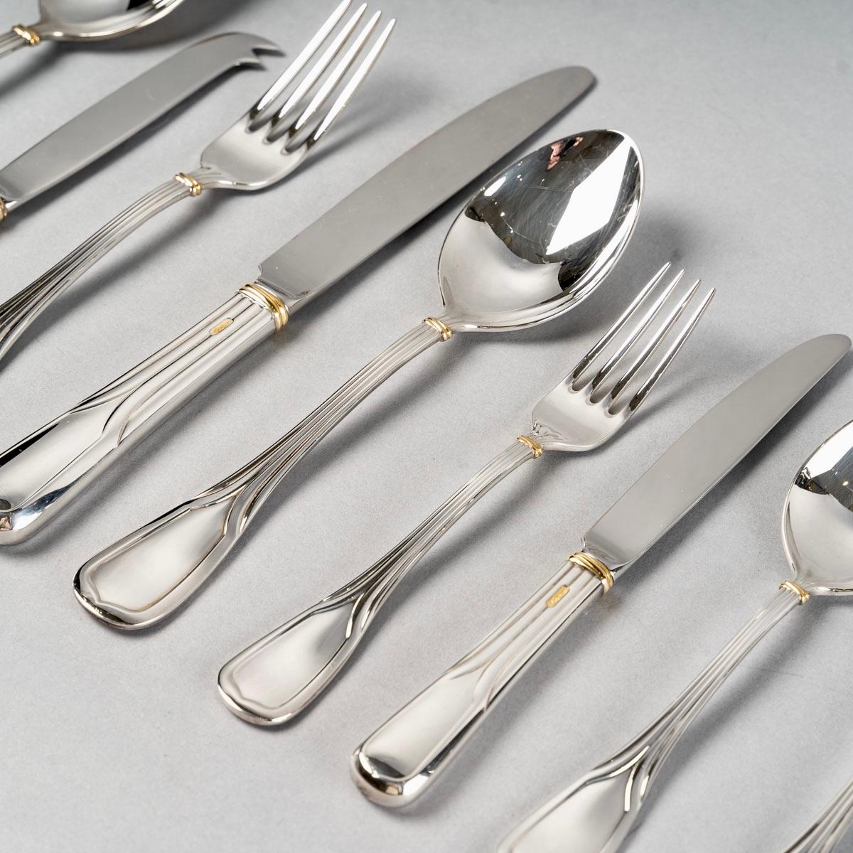 French Cartier, Cutlery Flatware Set Maison Du Prince Trinity Silver Metal 110 Pieces