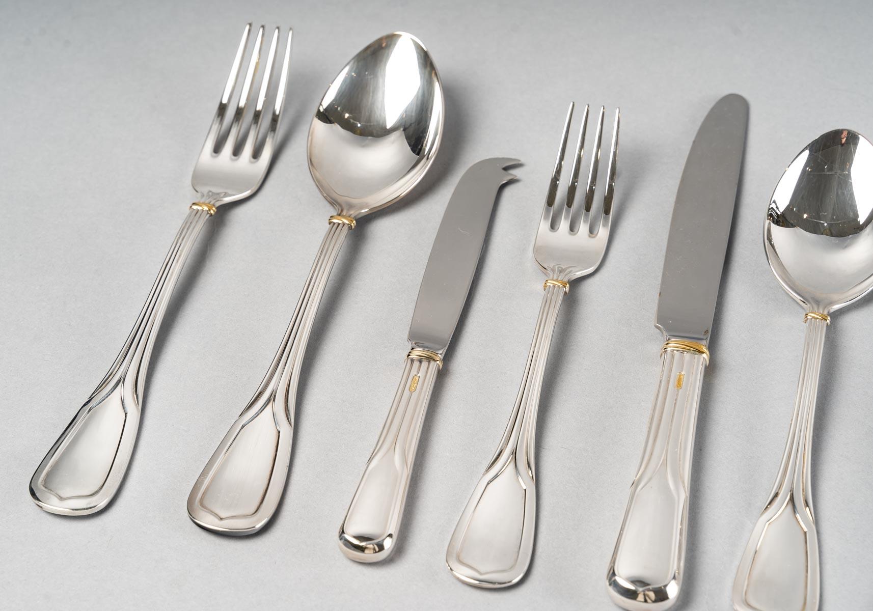 20th Century Cartier, Cutlery Flatware Set Maison Du Prince Trinity Silver Metal 110 Pieces