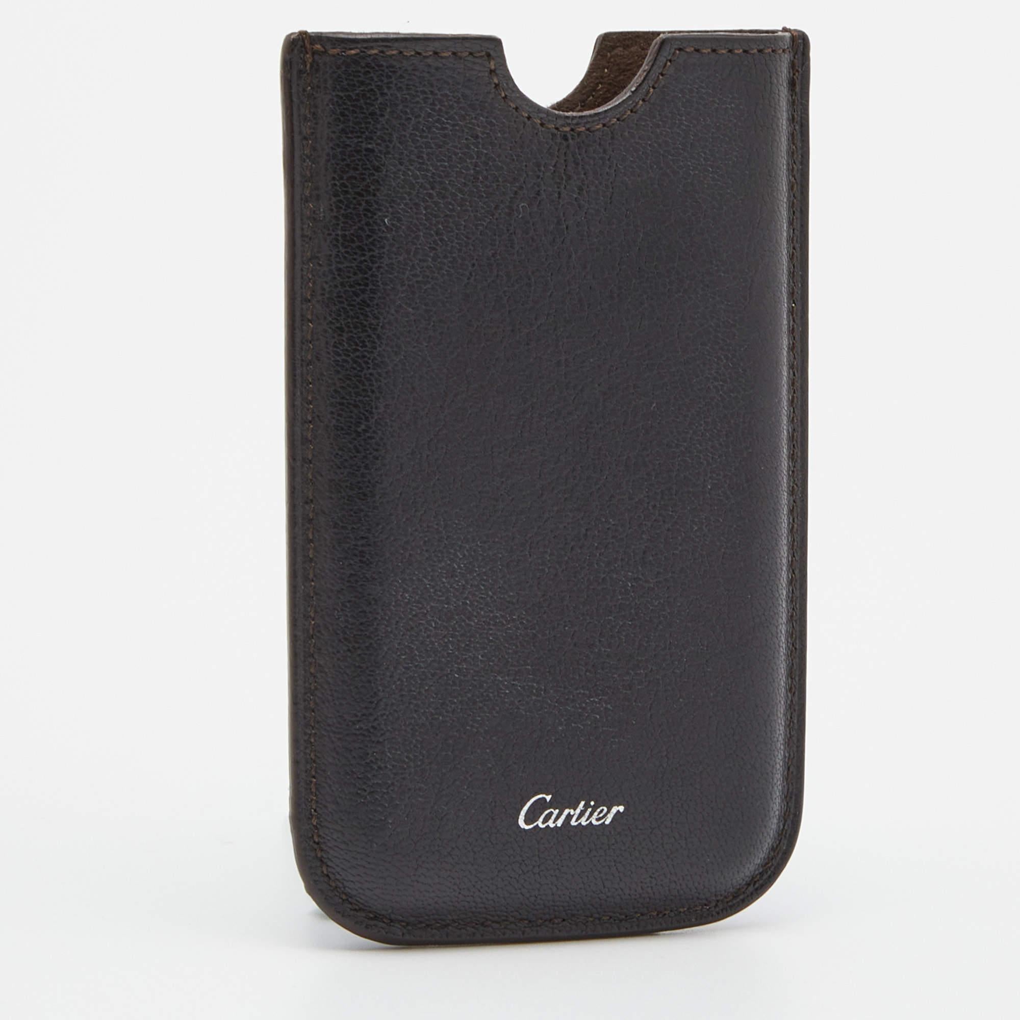 Noir Etui de téléphone en cuir Brown foncé de Cartier