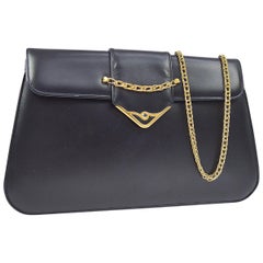 Vintage Cartier Dark Midnight Blue Leather Gold Emblem Envelope Evening Chain Flap Bag