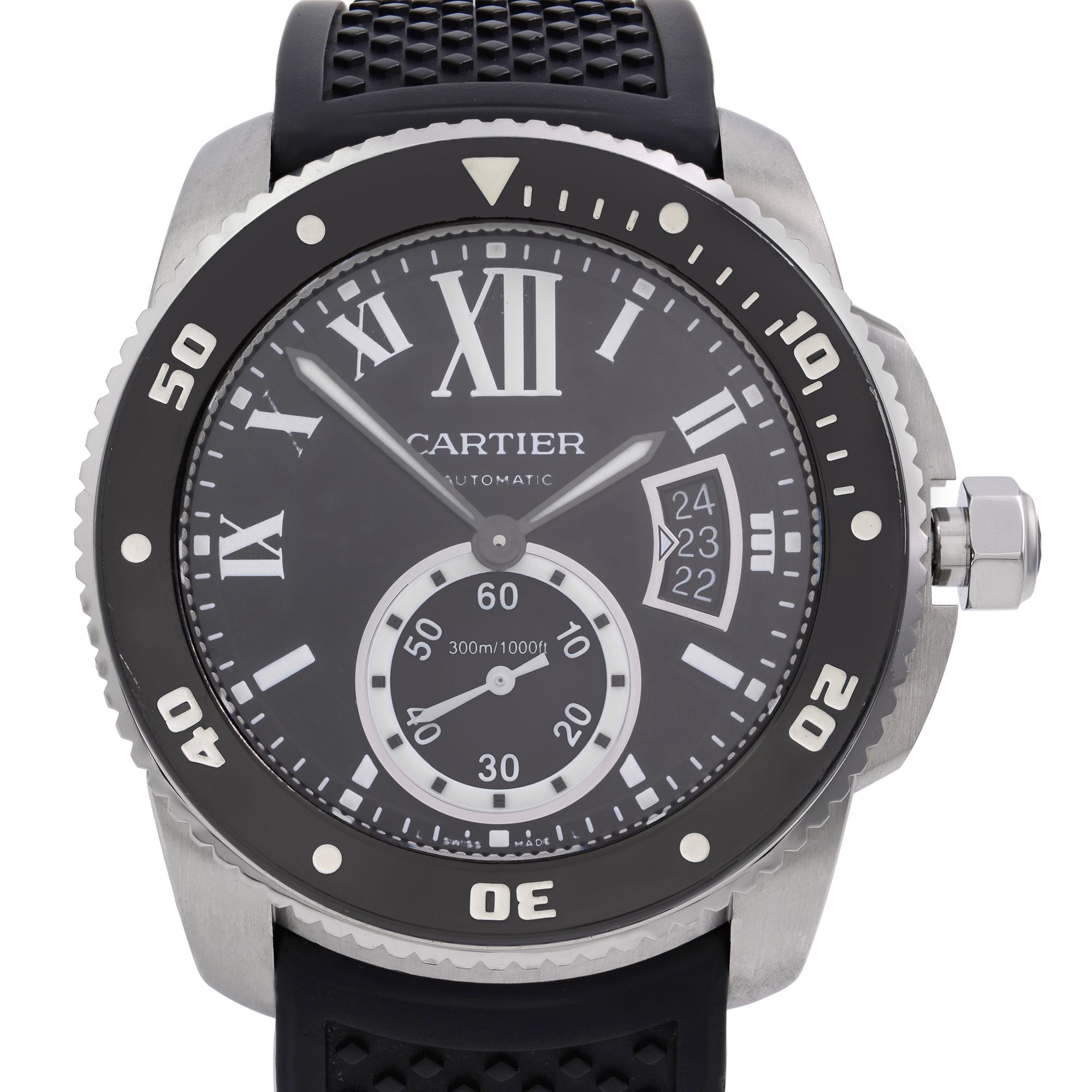 Pre-owned Cartier De Calibre Steel Rubber Black Roman Dial Automatic Men's Watch. The bezel of this watch has minor blemishes on the bezel as visible in pictures. Comes with Manufacturer Box and Papers. Backed by a 1-year warranty provided by