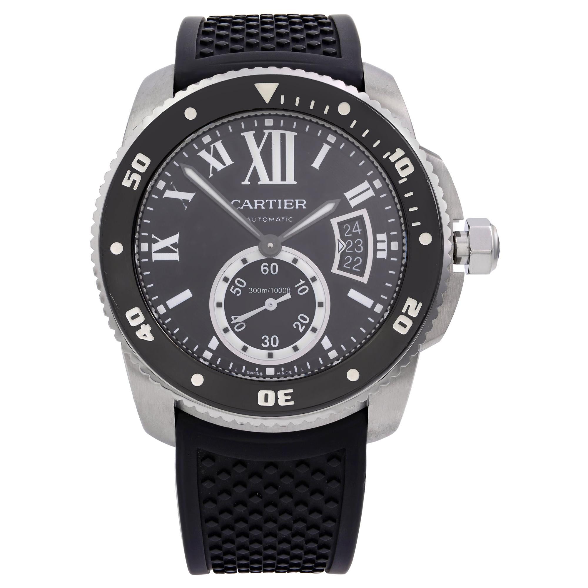 Cartier De Calibre Steel Rubber Black Roman Dial Automatic Men’s Watch W7100056