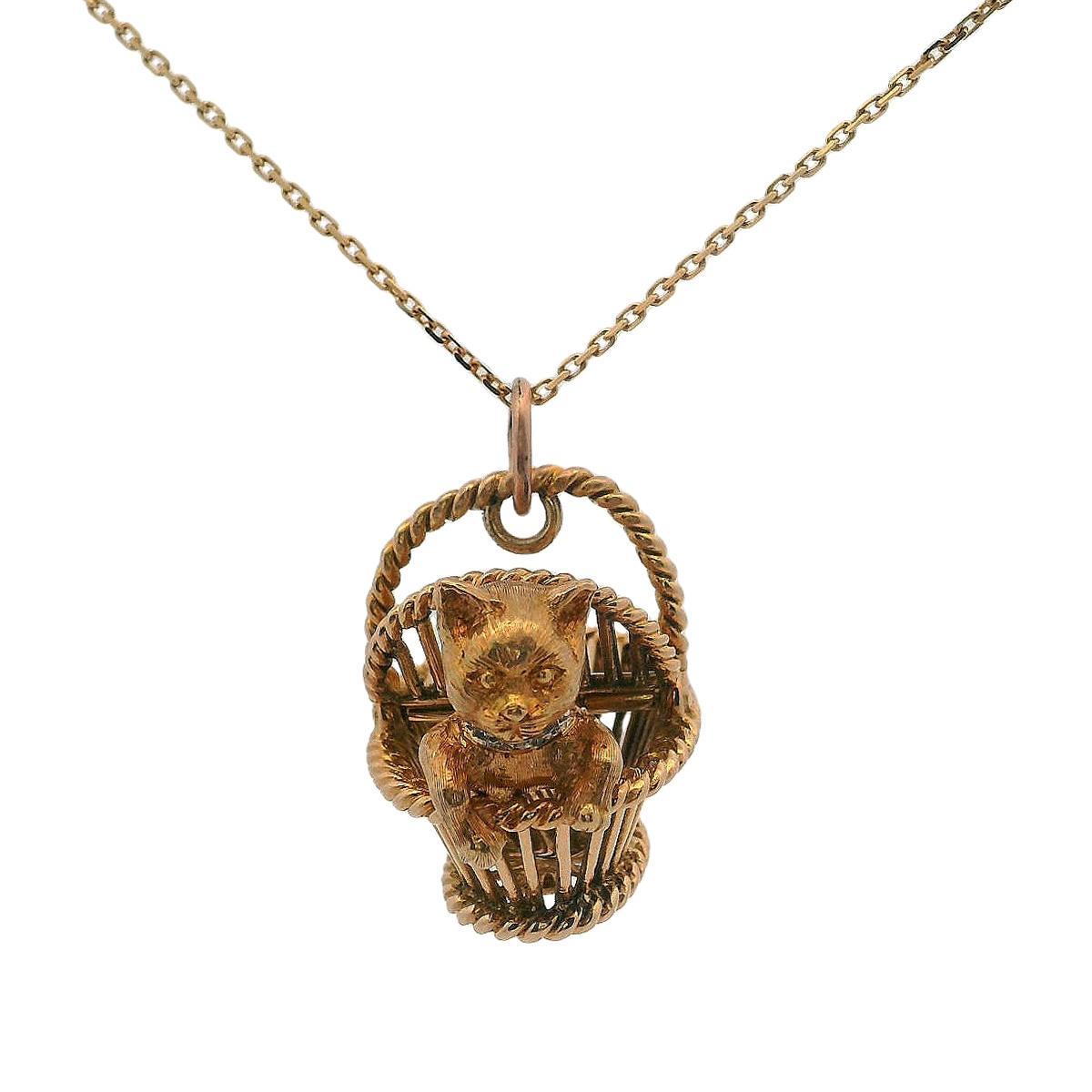 CARTIER Deco 18kt Yellow Gold Kitten in Basket Pendant Charm with Diamonds 4