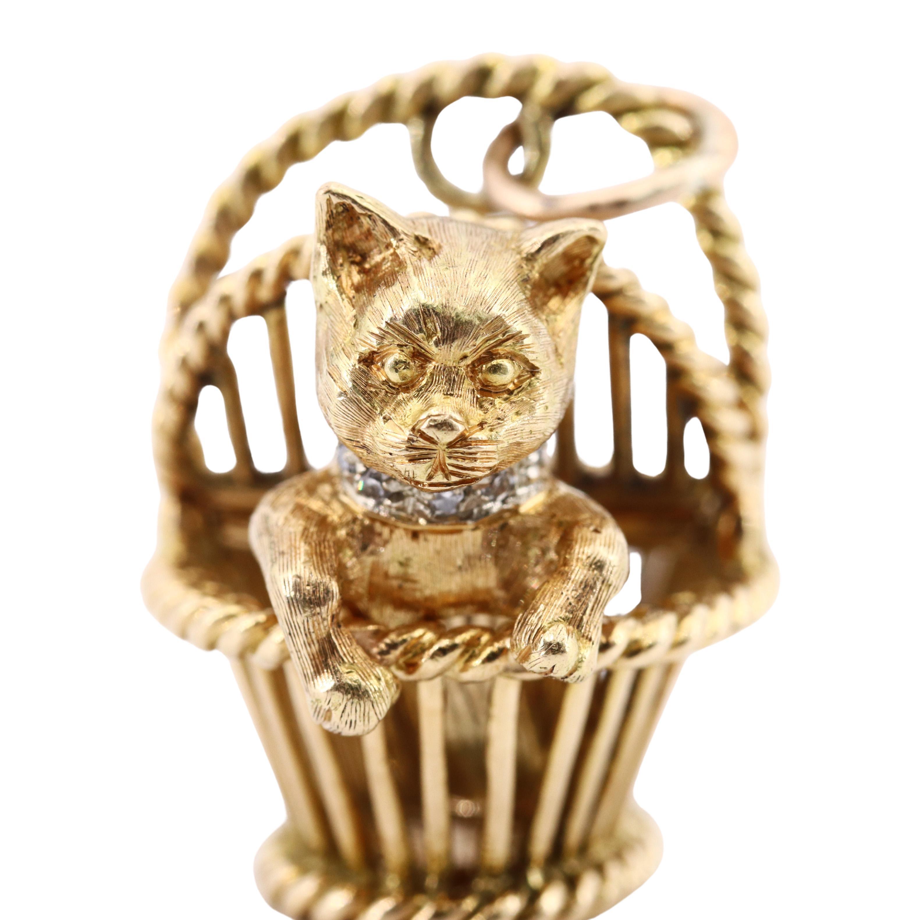 Art Deco CARTIER Deco 18kt Yellow Gold Kitten in Basket Pendant Charm with Diamonds
