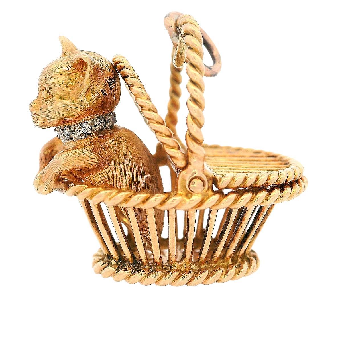 Single Cut CARTIER Deco 18kt Yellow Gold Kitten in Basket Pendant Charm with Diamonds