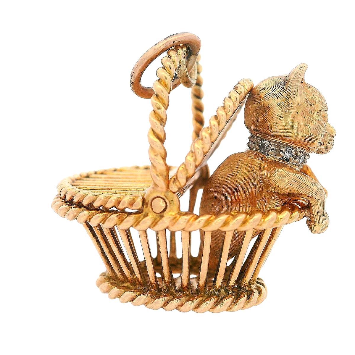 CARTIER Deco 18kt Yellow Gold Kitten in Basket Pendant Charm with Diamonds 1