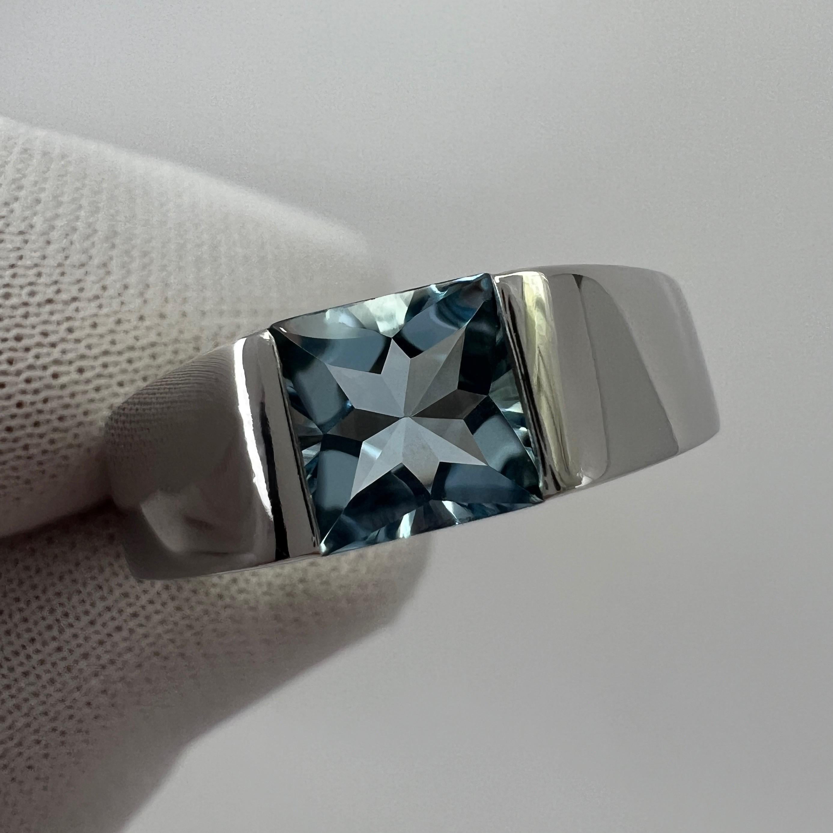 Cartier Deep Blue Aquamarine Square Cushion Cut 18k White Gold Tank Ring 51 5.5 In Excellent Condition In Birmingham, GB