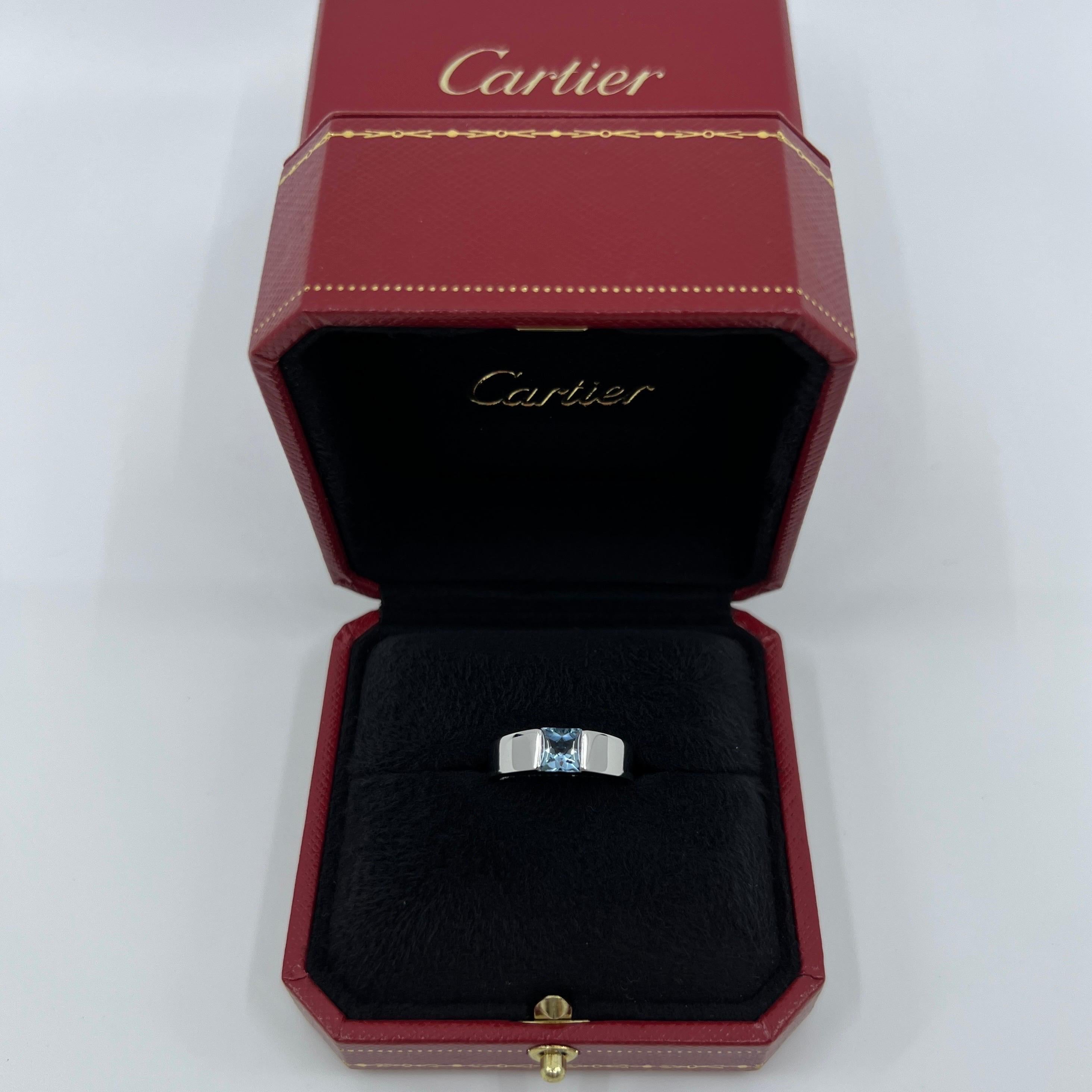 Cartier Deep Blue Aquamarine Square Cushion Cut 18k White Gold Tank Ring 55 7.5 In Excellent Condition In Birmingham, GB
