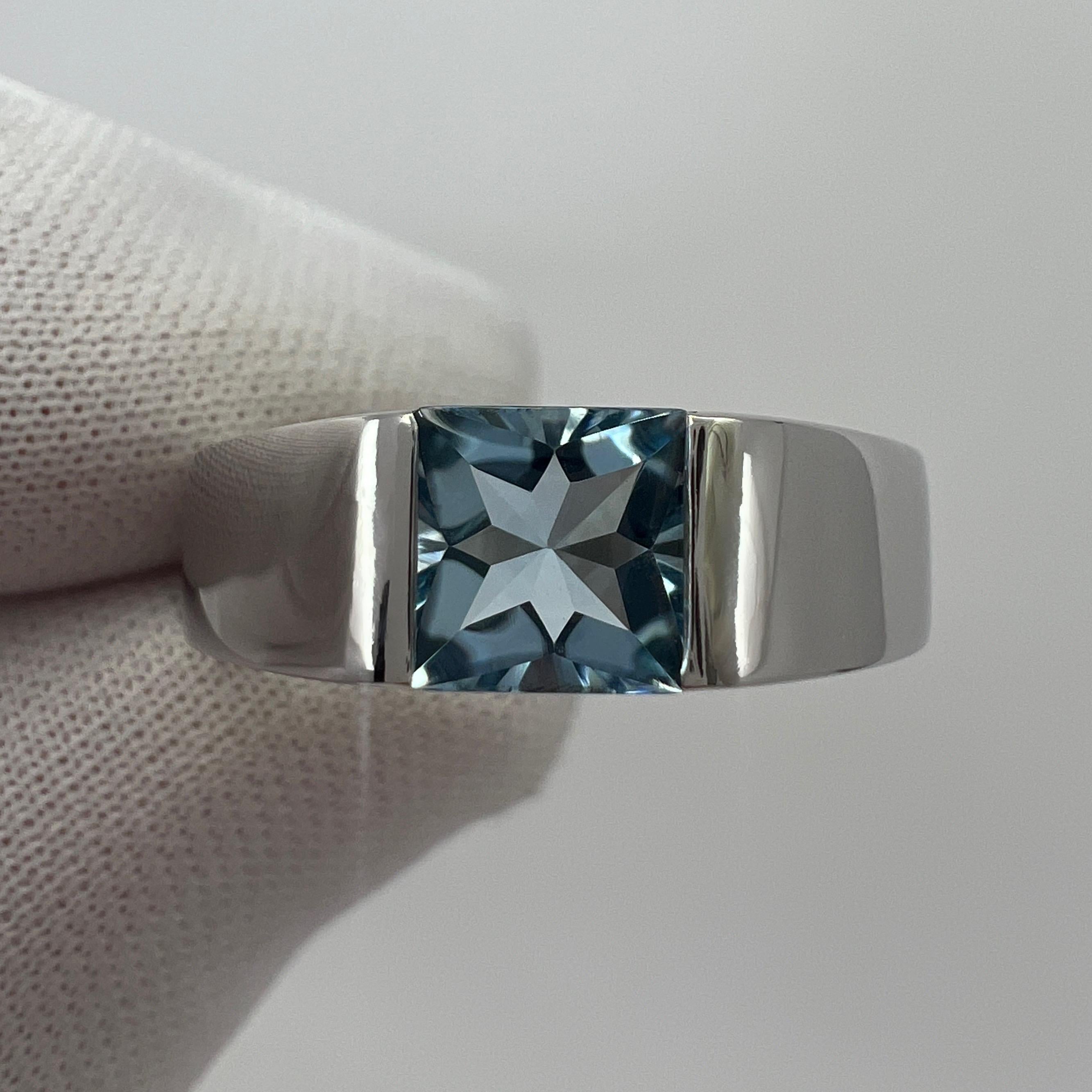 Cartier Deep Vivid Aquamarine Square Cushion Cut 18k White Gold Tank Ring 51 5.5 3