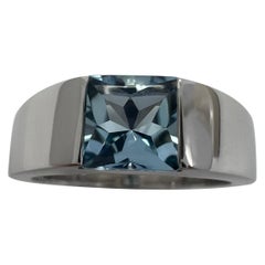 Vintage Cartier Deep Vivid Aquamarine Square Cushion Cut 18k White Gold Tank Ring 51 5.5