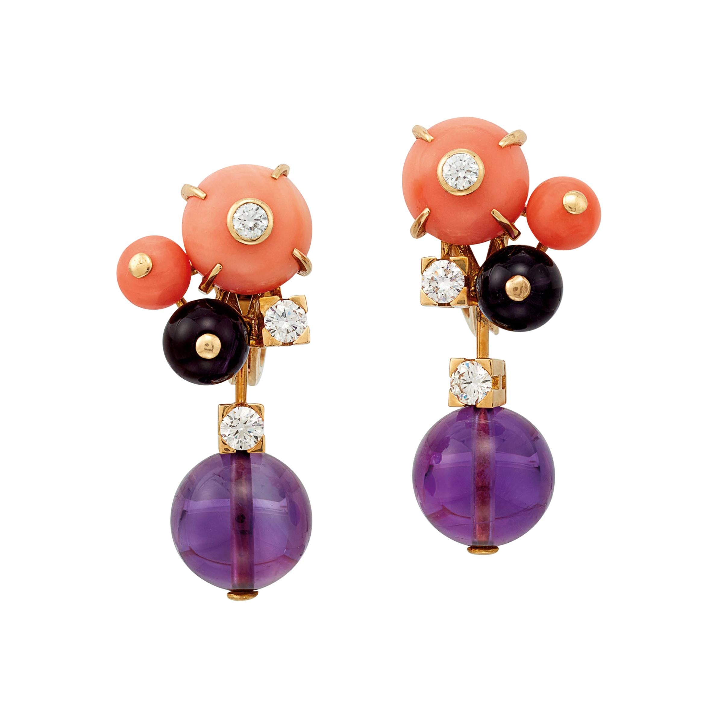 Cartier ‘Delice de Goa’ Earrings with Amethyst, Diamonds and Coral in 18K Gold