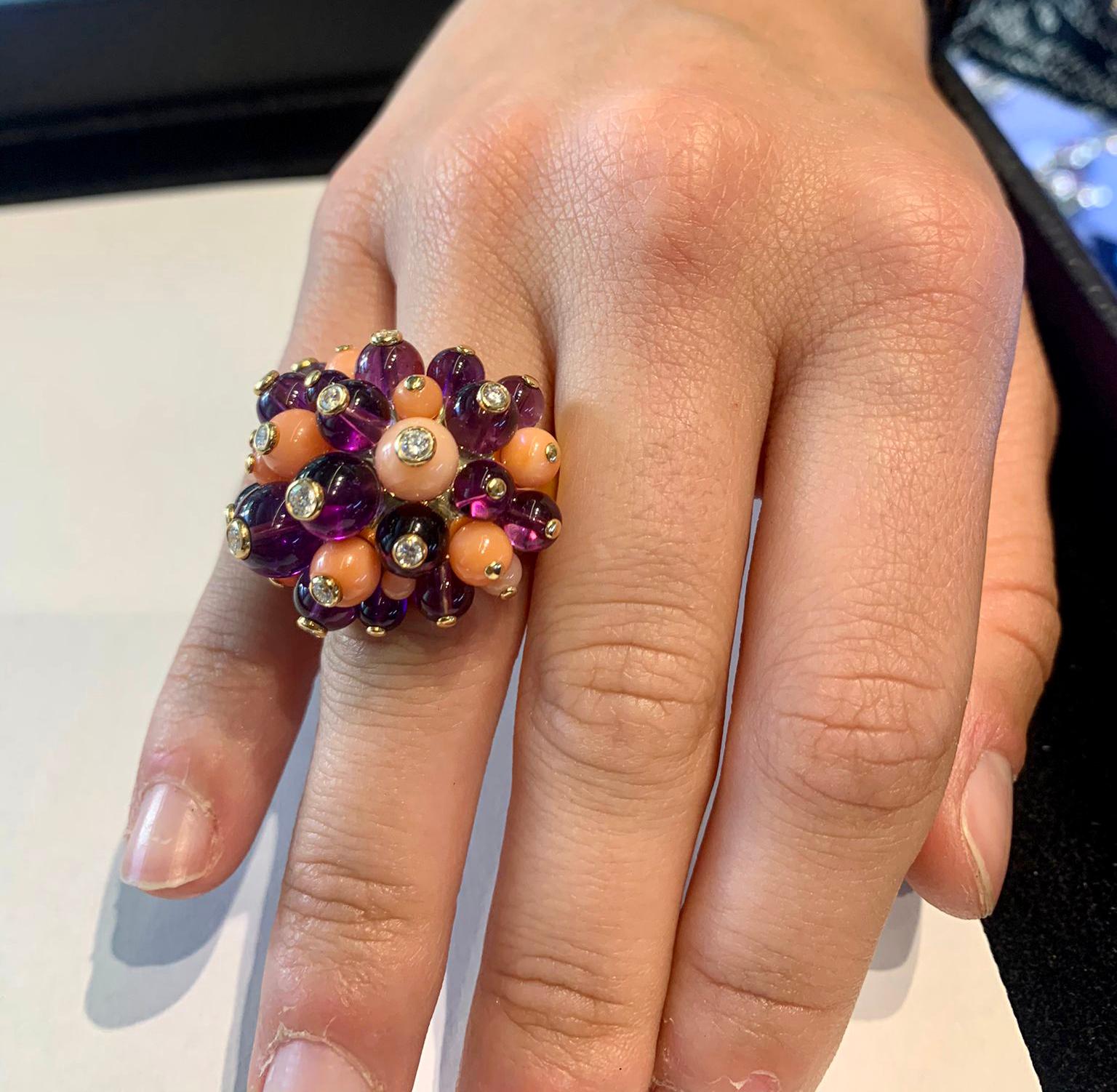Art Deco Cartier ‘Delice de Goa’ Ring with Amethyst, Diamonds and Coral in 18k Gold