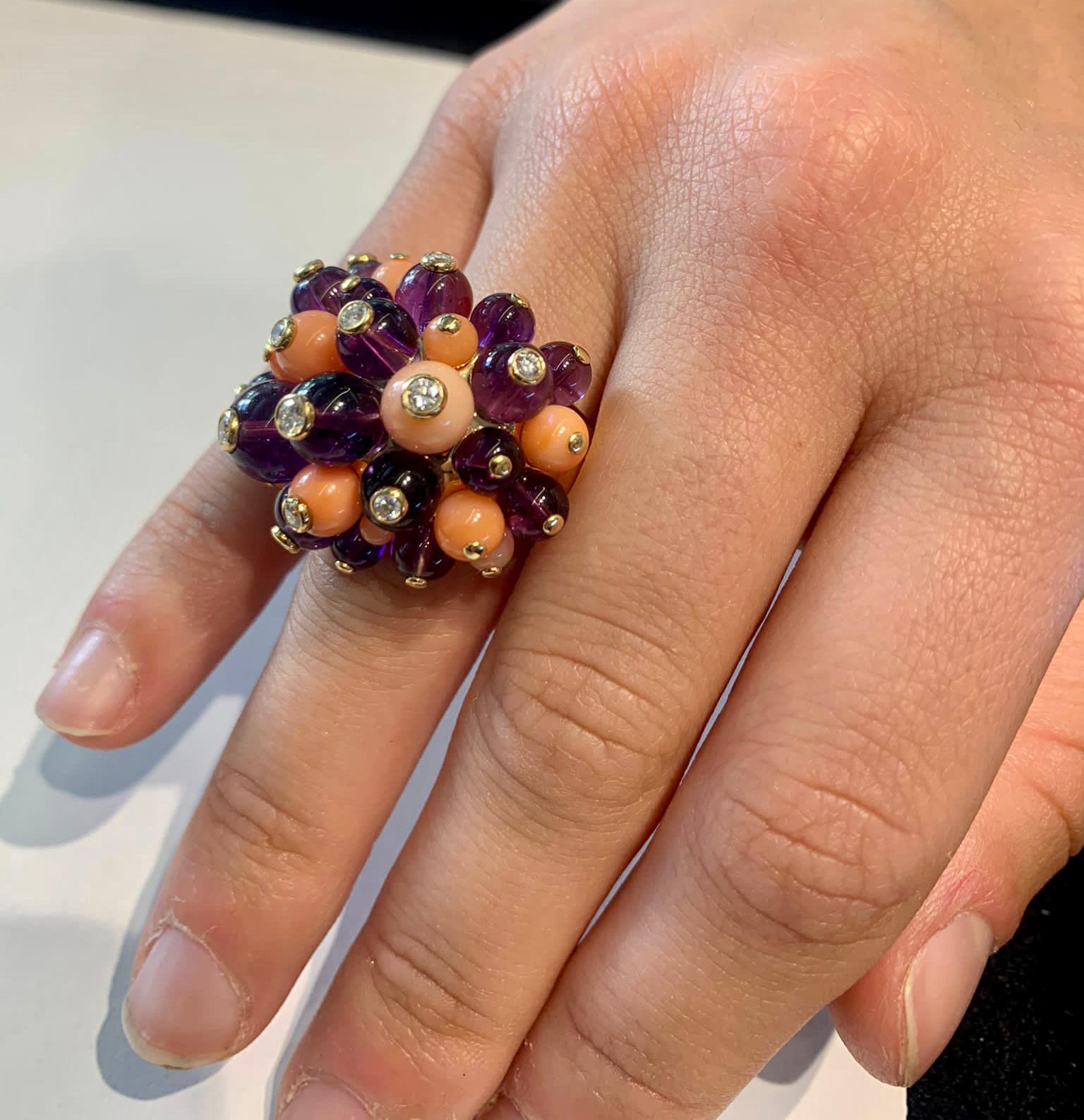 Brilliant Cut Cartier ‘Delice de Goa’ Ring with Amethyst, Diamonds and Coral in 18k Gold