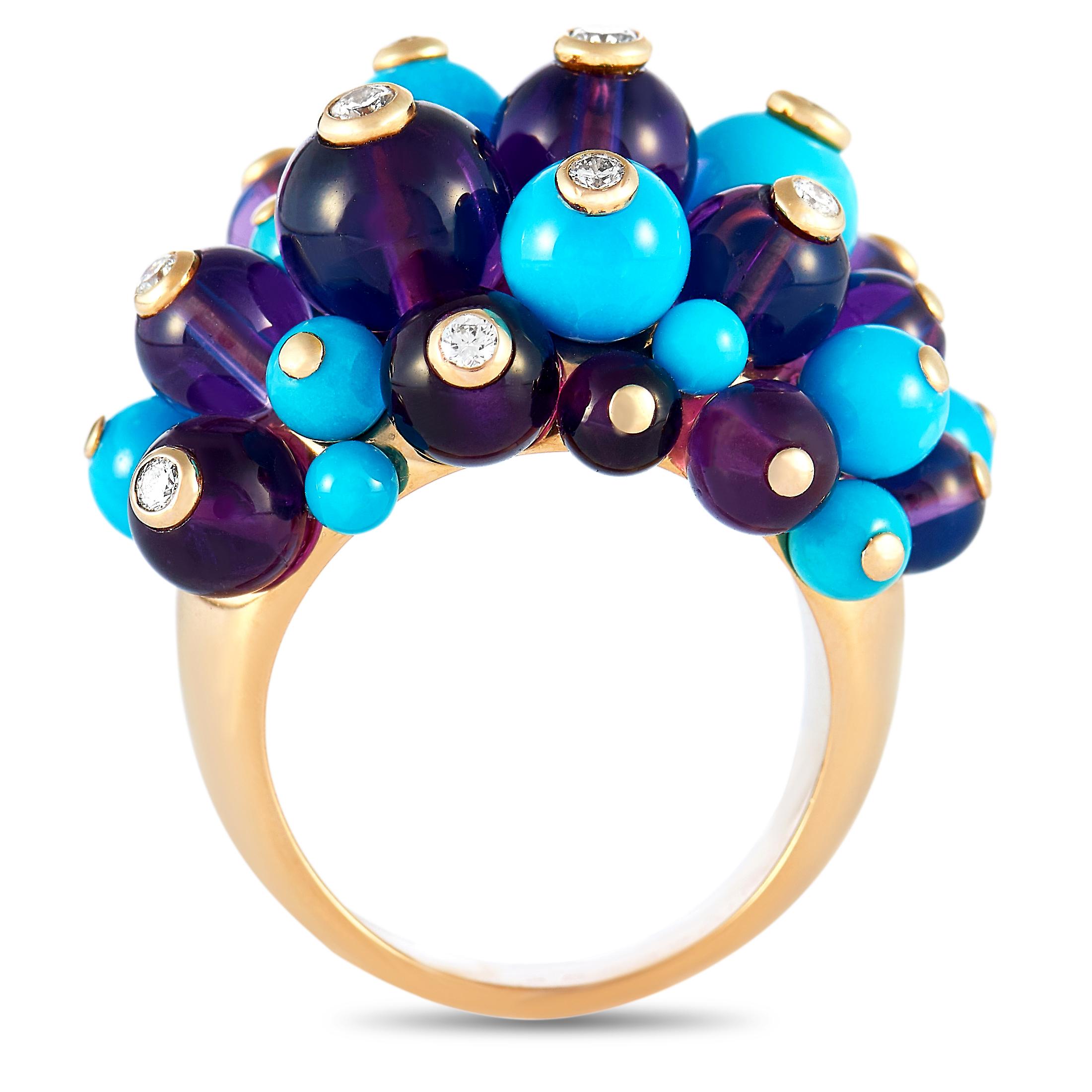 The Cartier “Delices” ring is made of 18K yellow gold and weighs 35.8 grams. It boasts band thickness of 4 mm and top height of 15 mm, while top dimensions measure 30 by 25 mm. The ring is embellished with turquoises, amethysts, and a total of